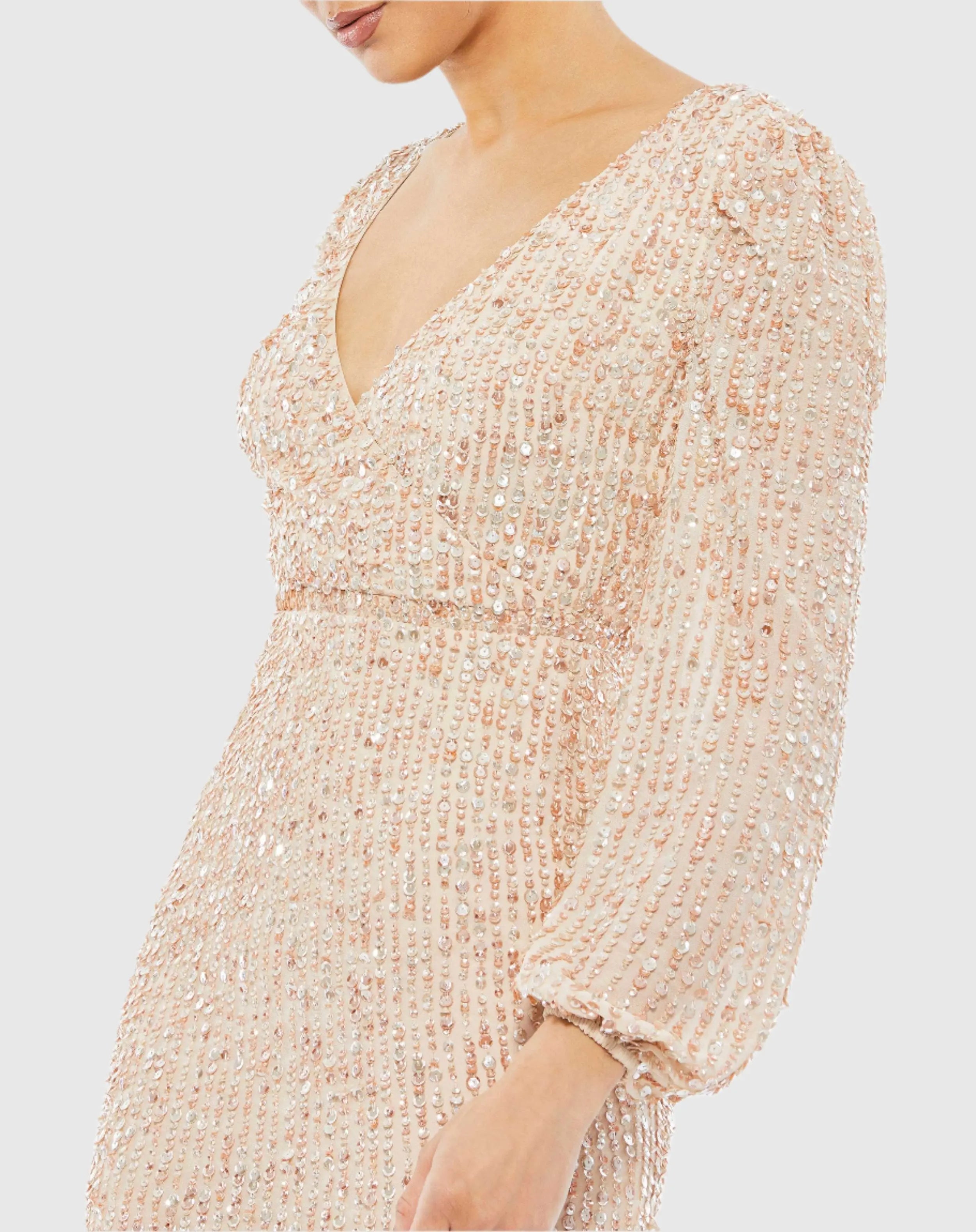 Beige Sequined Illusion Puff Sleeve V Neck Midi Dress-Myartka