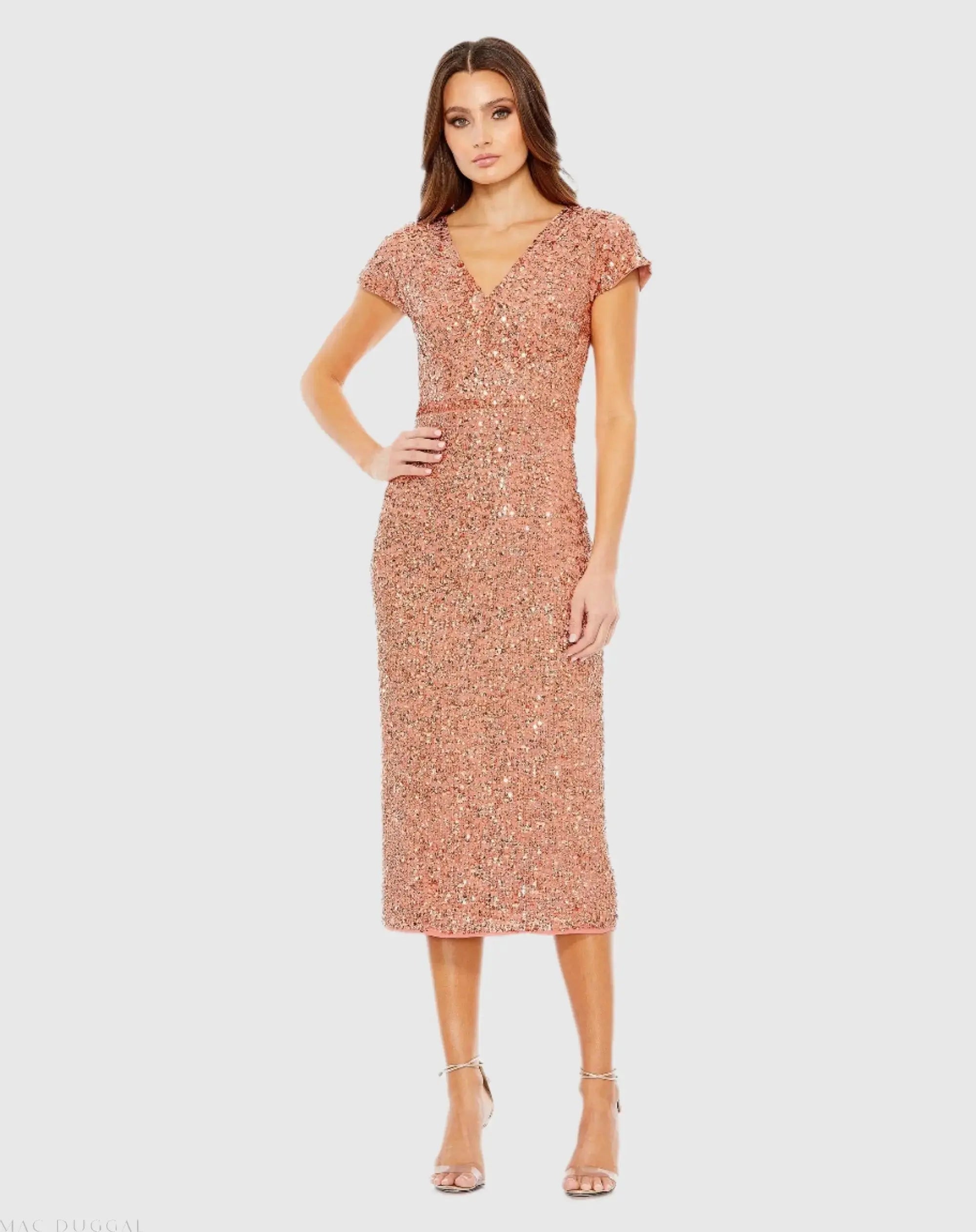 Sequined Cap Sleeve Wrap Over Cocktail Dress-Myartka