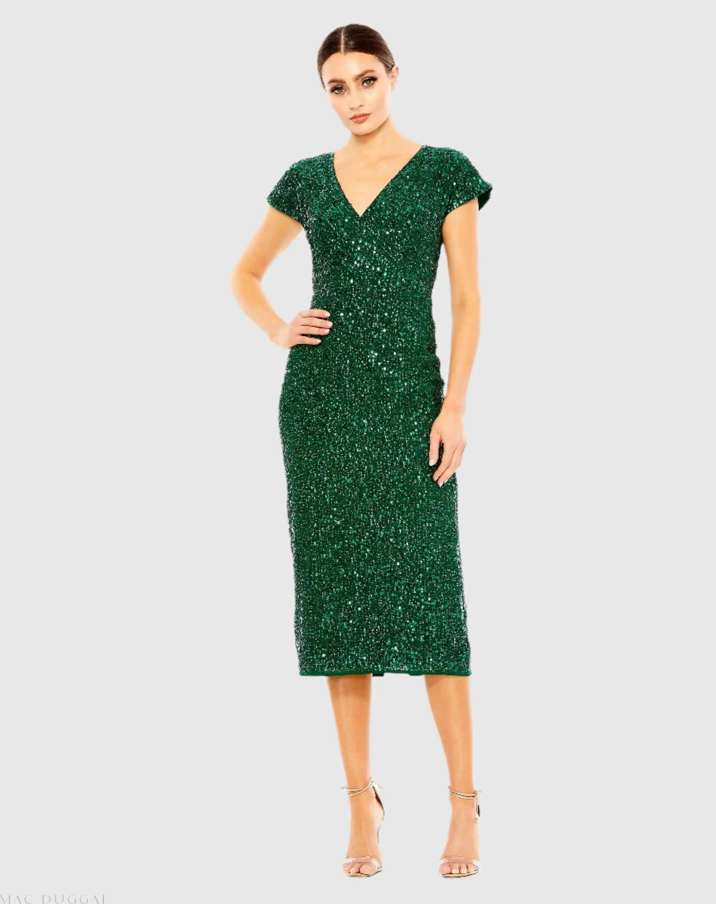 Sequined Cap Sleeve Wrap Over Cocktail Dress-Myartka