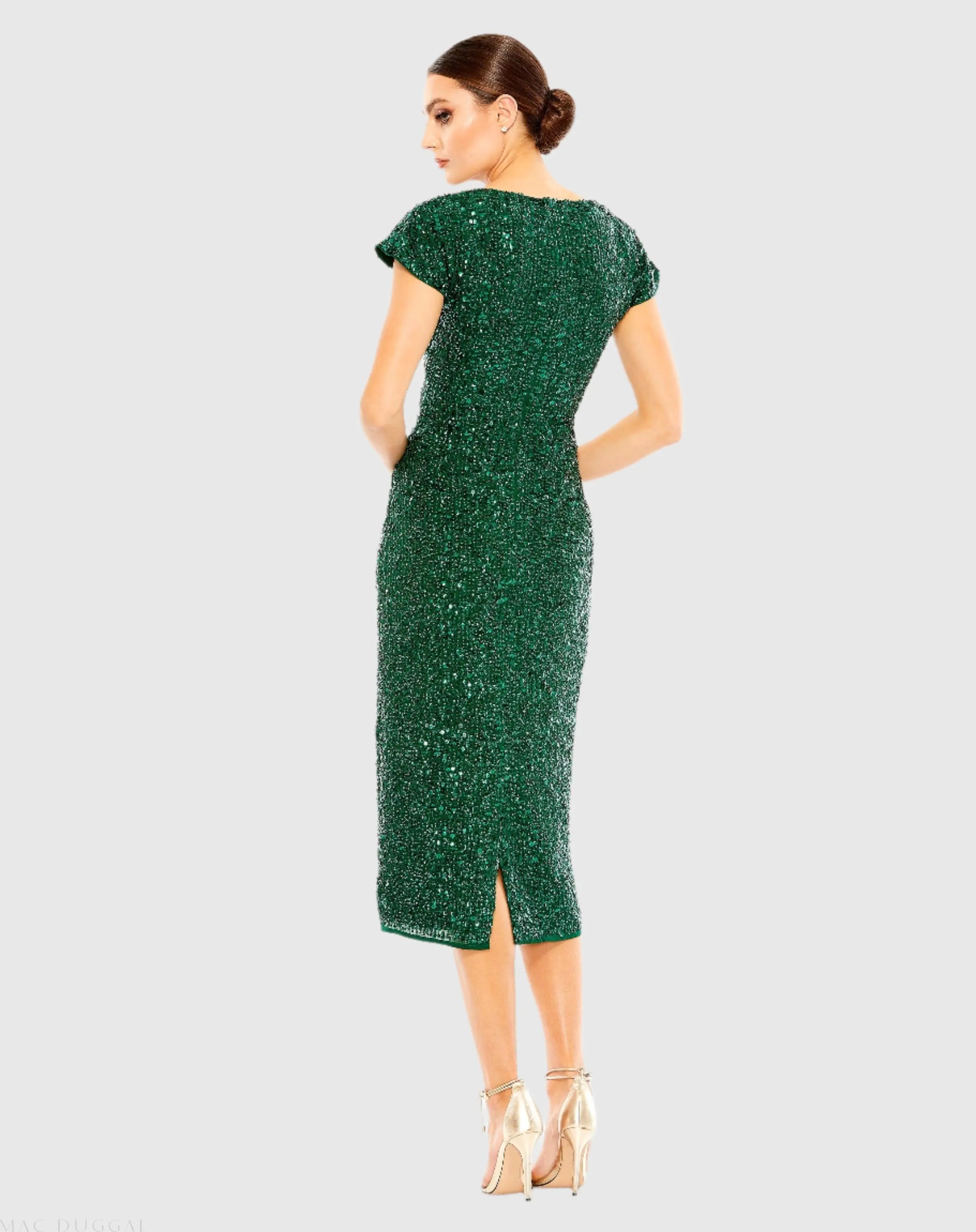 Dark Green Sequined Cap Sleeve Wrap Over Cocktail Dress-Myartka