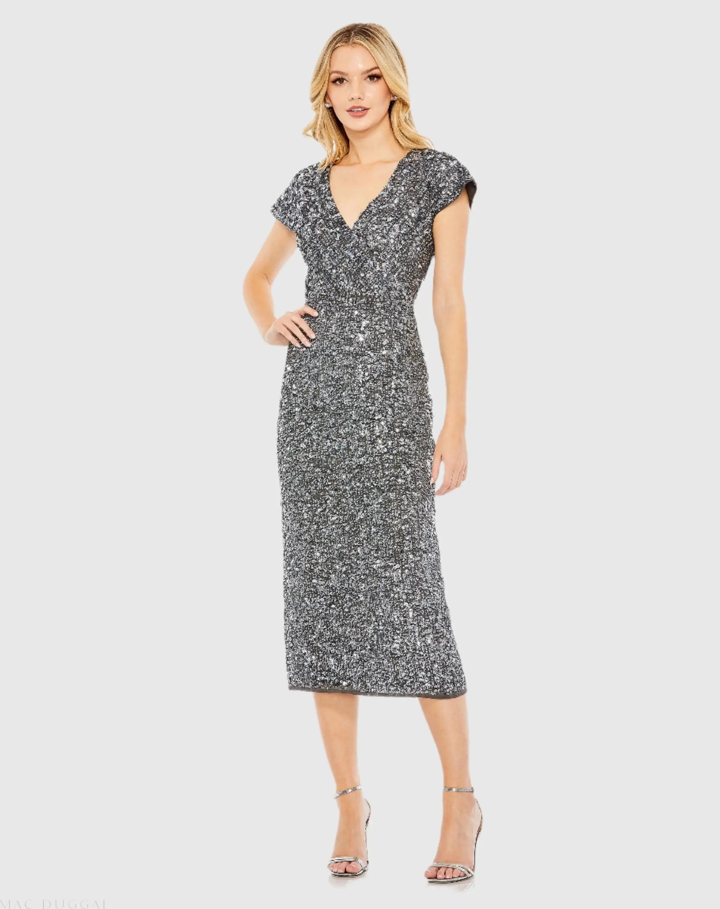 Sequined Cap Sleeve Wrap Over Cocktail Dress-Myartka