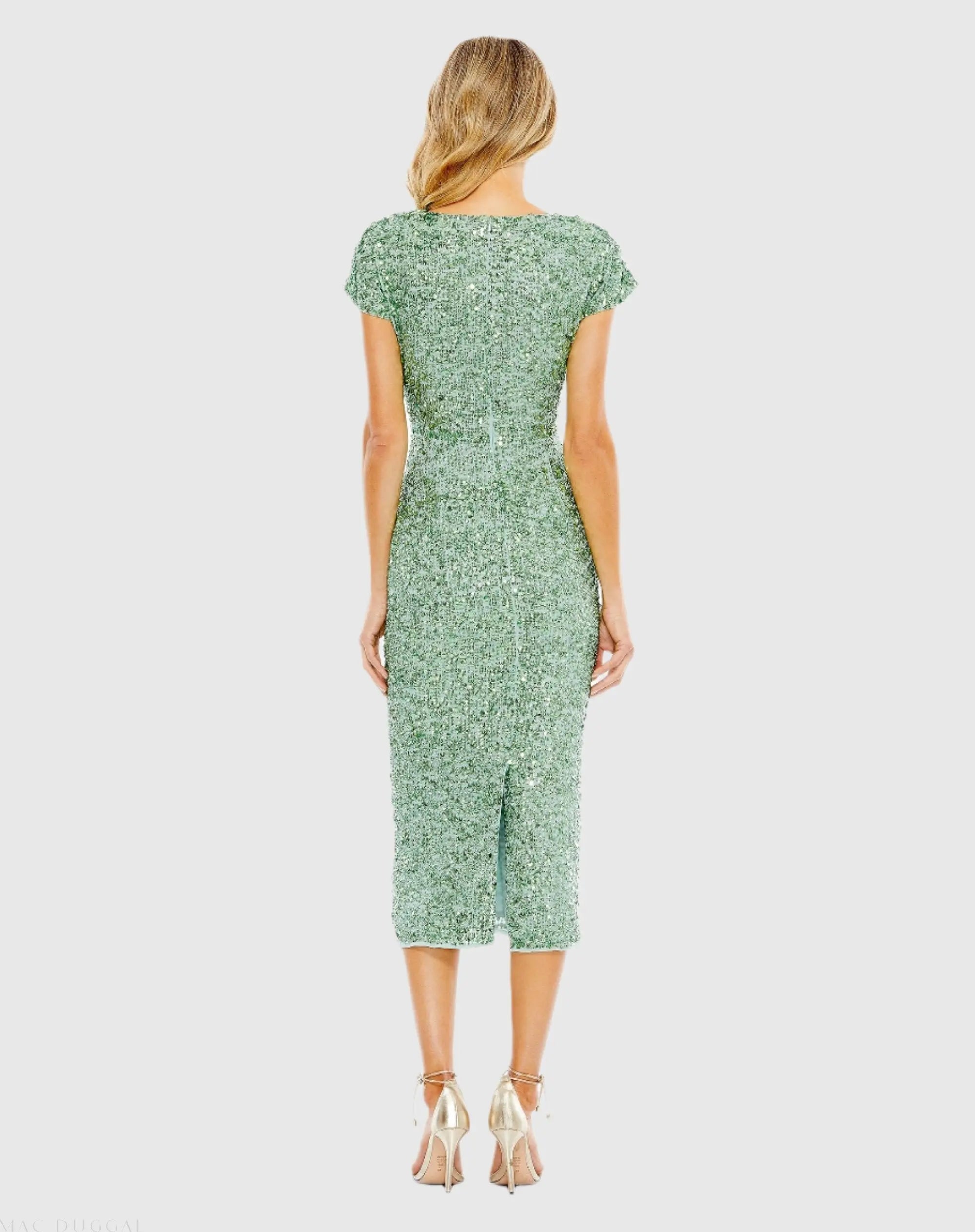 Green Sequined Cap Sleeve Wrap Over Cocktail Dress-Myartka