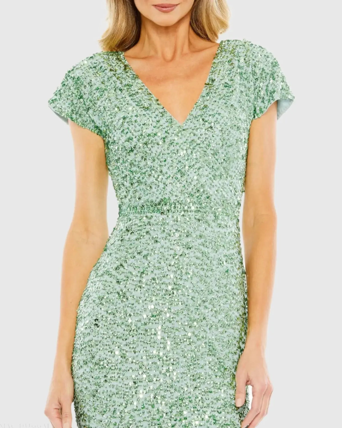 Green Sequined Cap Sleeve Wrap Over Cocktail Dress-Myartka