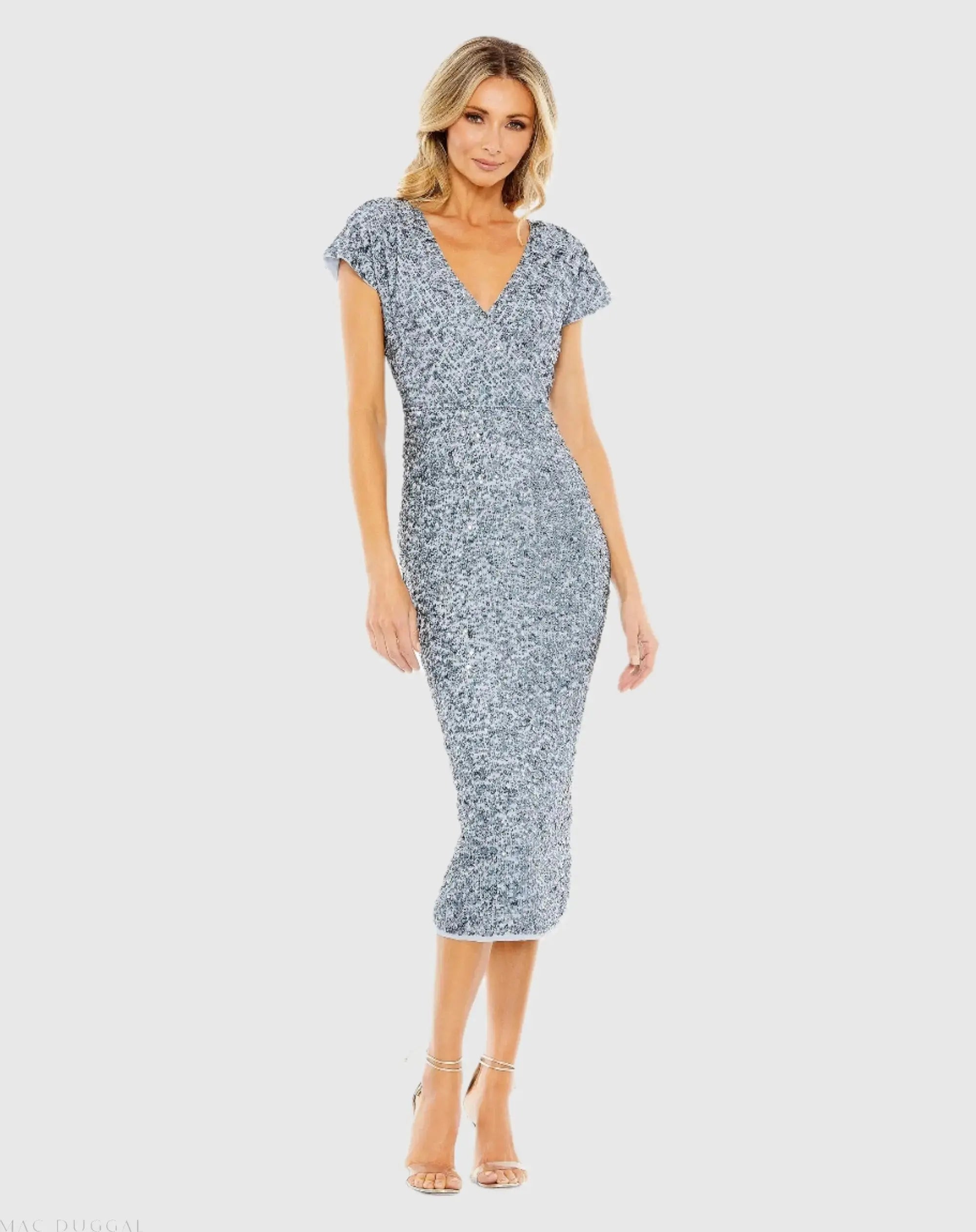 Sequined Cap Sleeve Wrap Over Cocktail Dress-Myartka