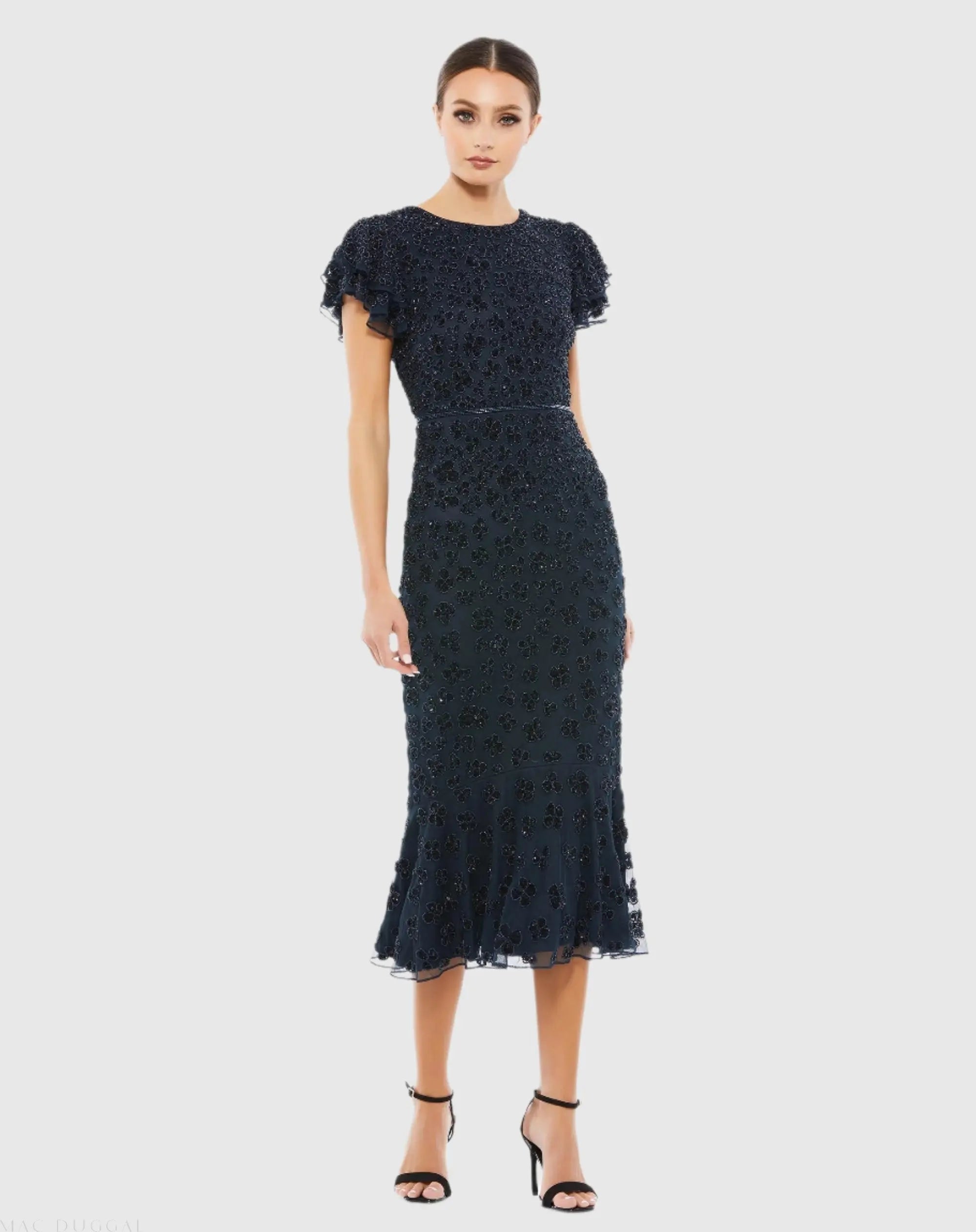 Navy Hand Beaded Flounce Sleeve Midi Dress-Myartka