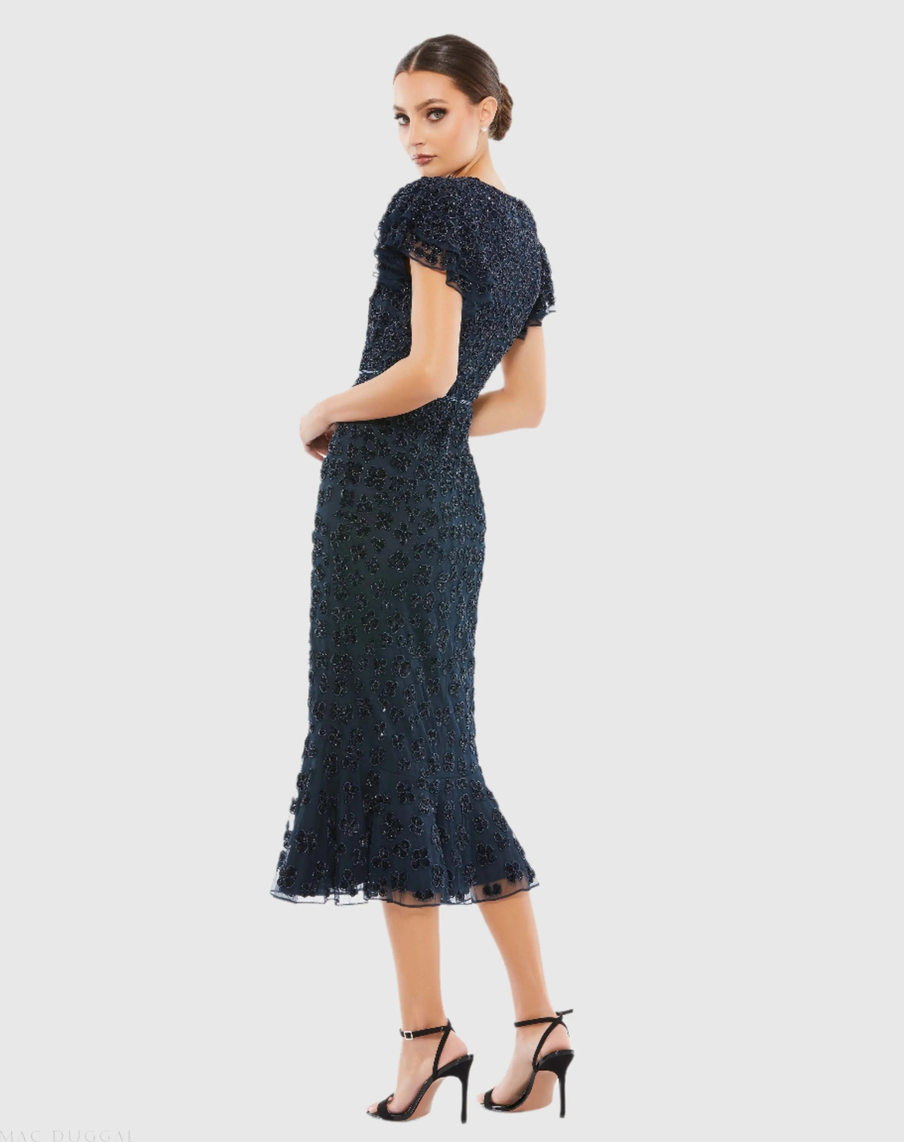 Navy Hand Beaded Flounce Sleeve Midi Dress-Myartka