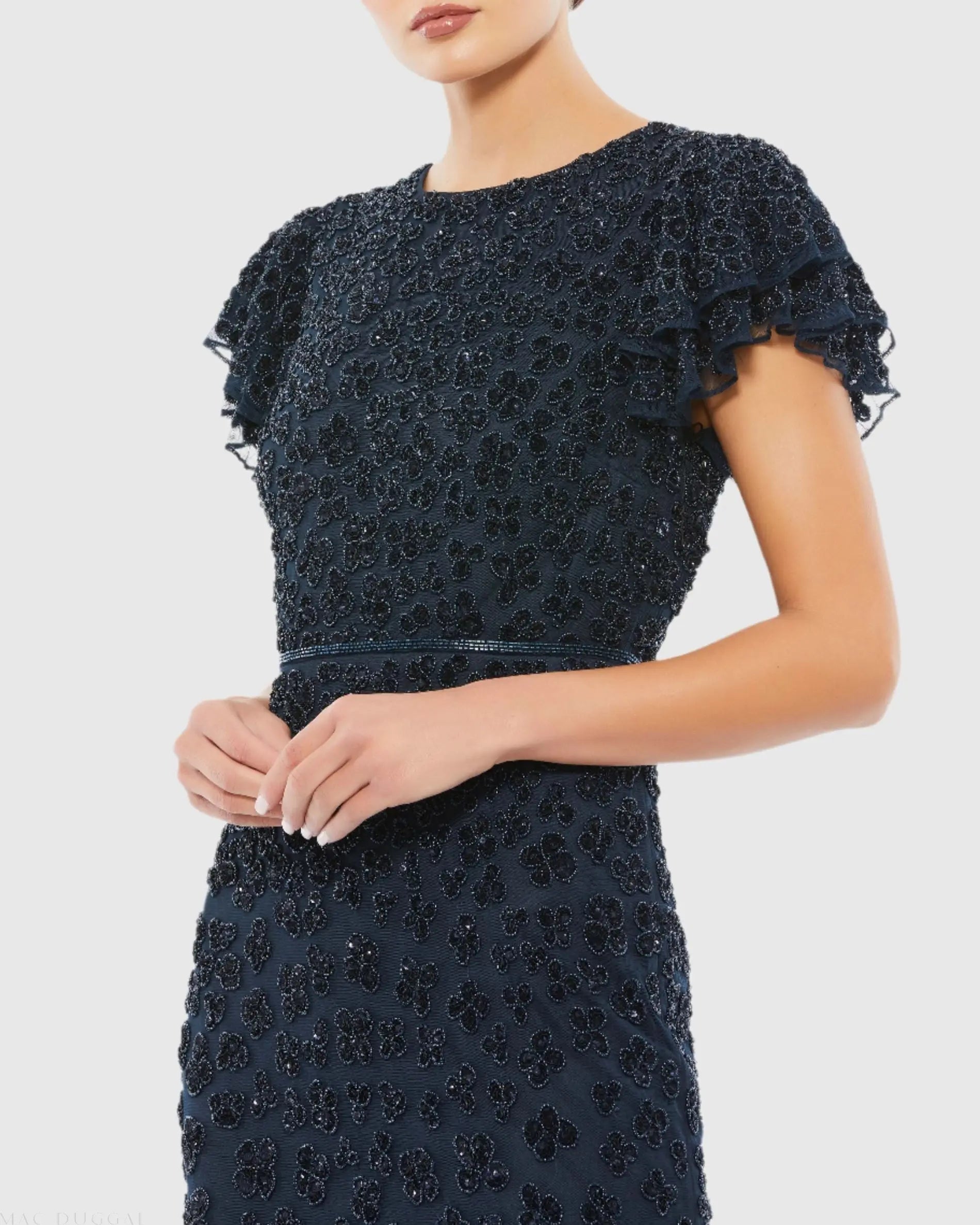 Navy Hand Beaded Flounce Sleeve Midi Dress-Myartka