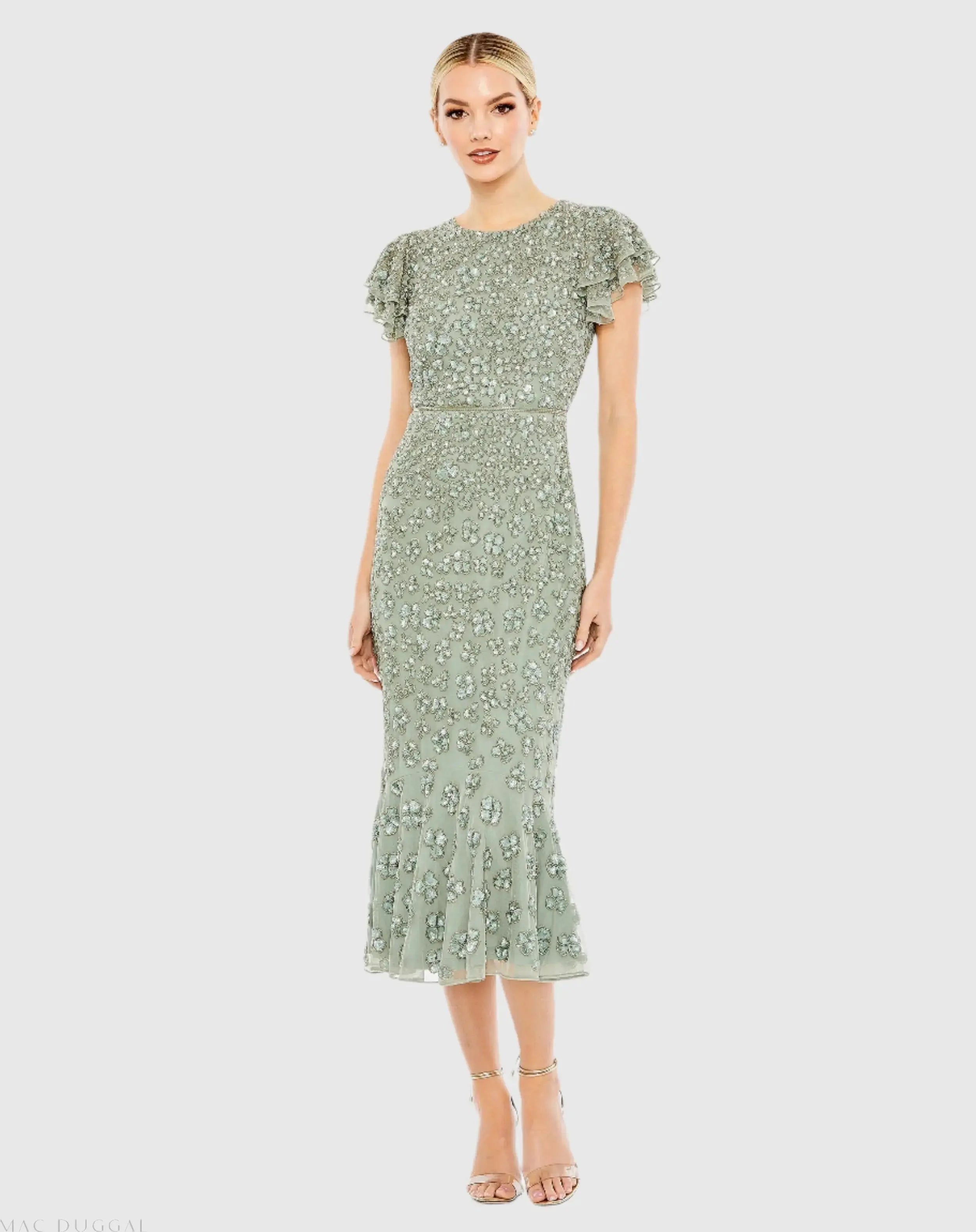 Hand Beaded Flounce Sleeve Midi Dress-Myartka