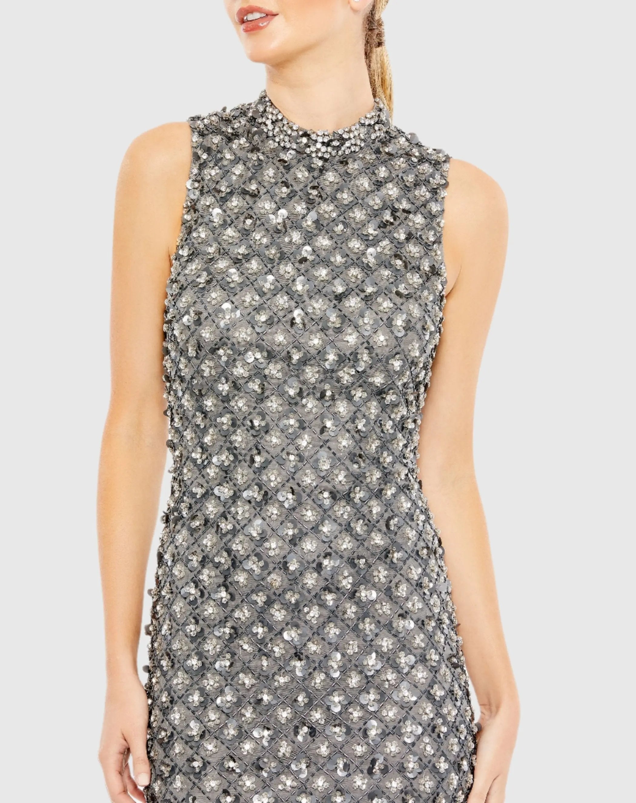 Gray Embellished High Neck Sleeveless Sheath Dress - FINAL SALE-Myartka