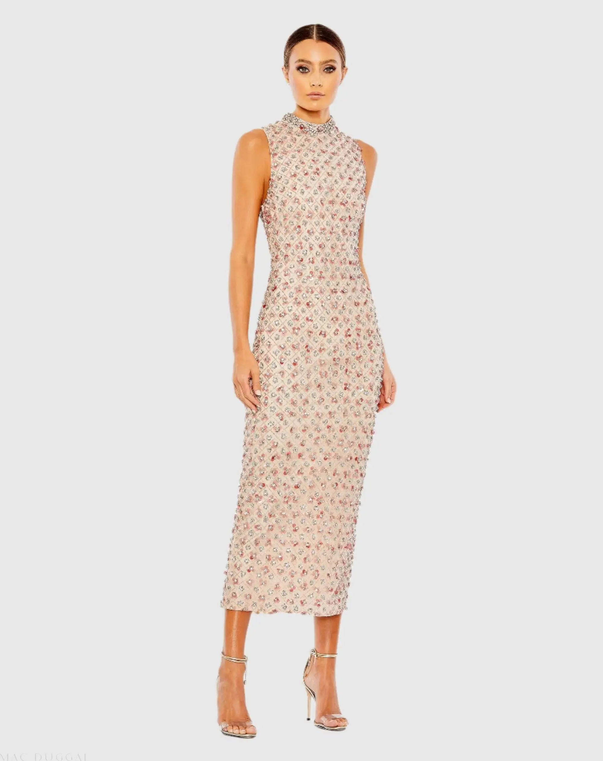 Embellished High Neck Sleeveless Column Dress-Myartka