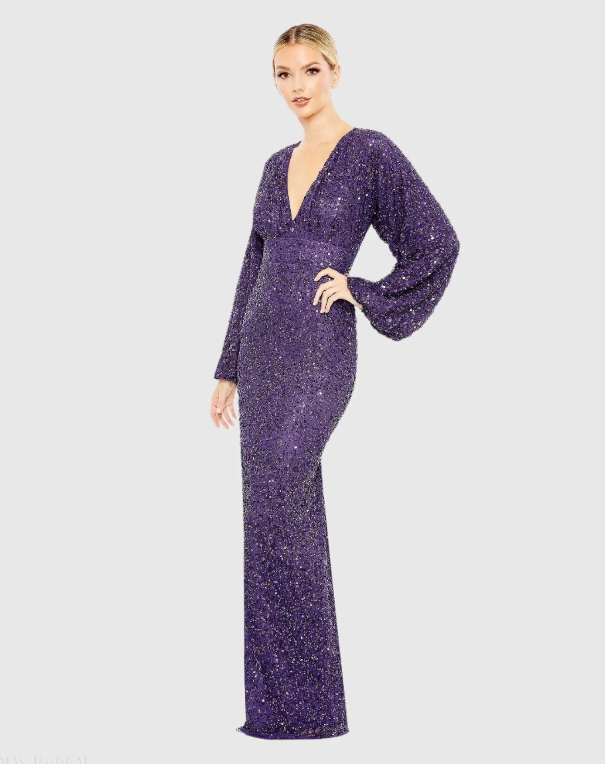 Sequined Puff Sleeve V Neck Gown-Myartka
