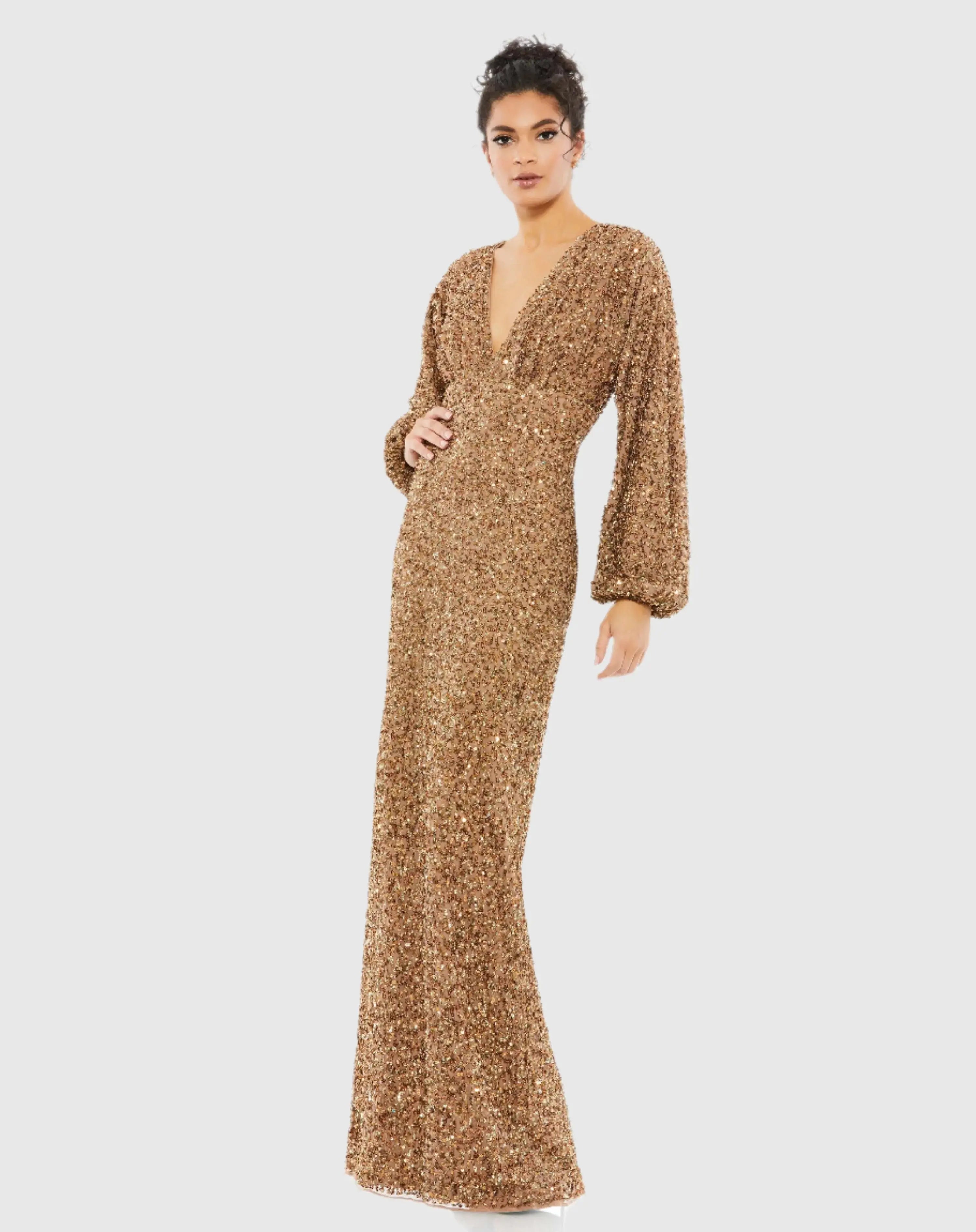 Sequined Puff Sleeve V Neck Gown-Myartka