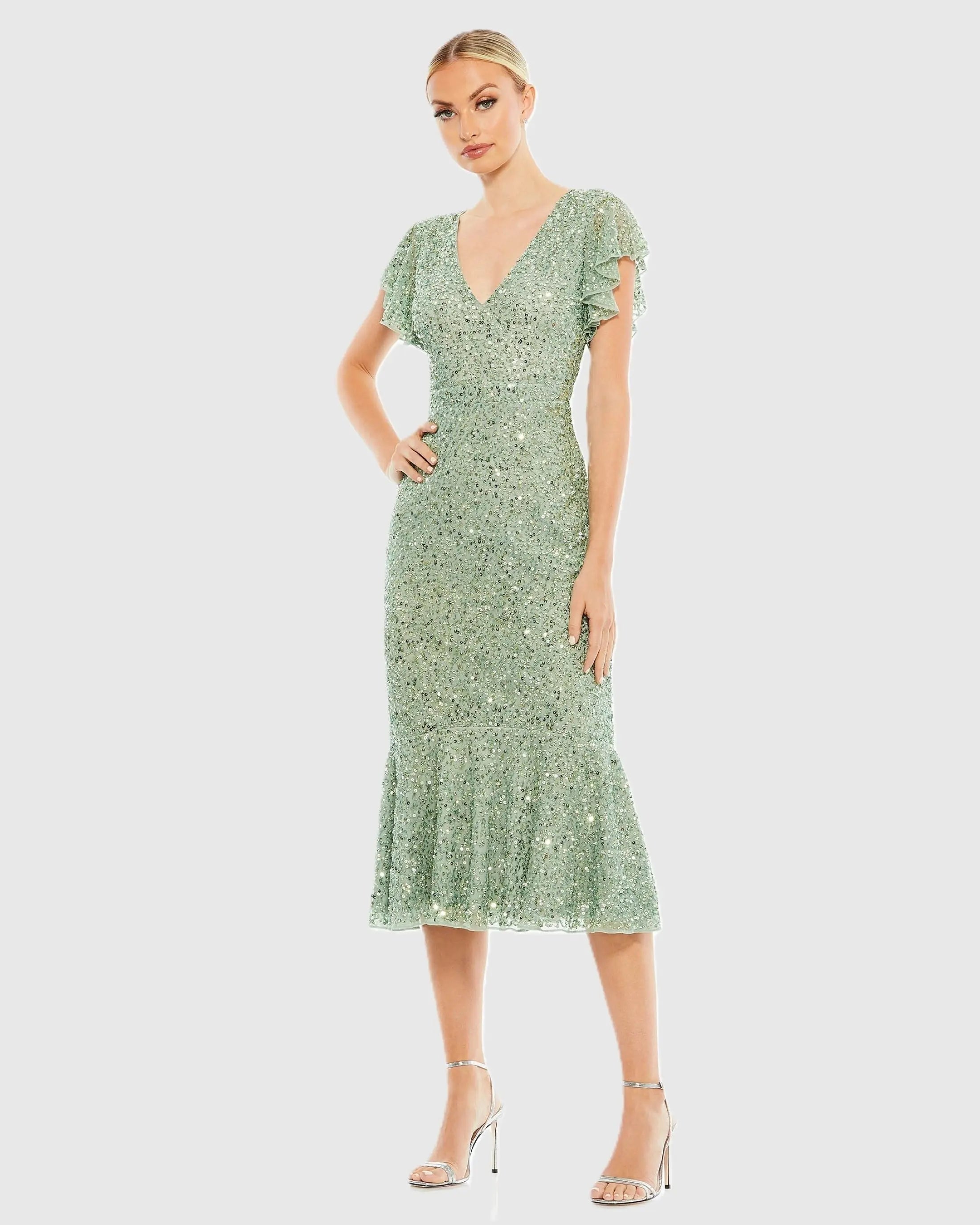 Sequined V Neck Flutter Cap Sleeve Trumpet Dress-Myartka