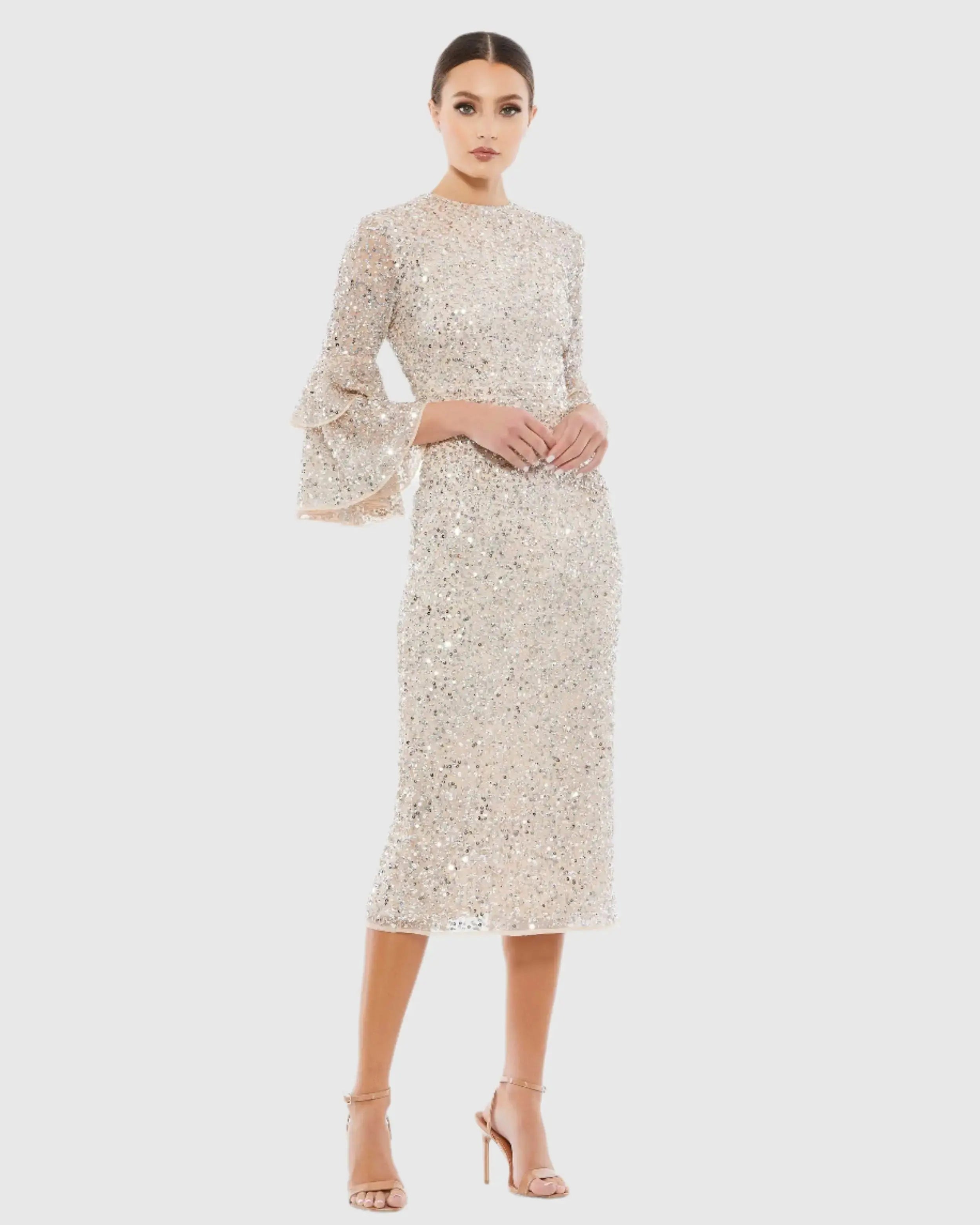 Fully Sequined Ruffle Tiered 3/4 Sleeve Midi Dress-Myartka