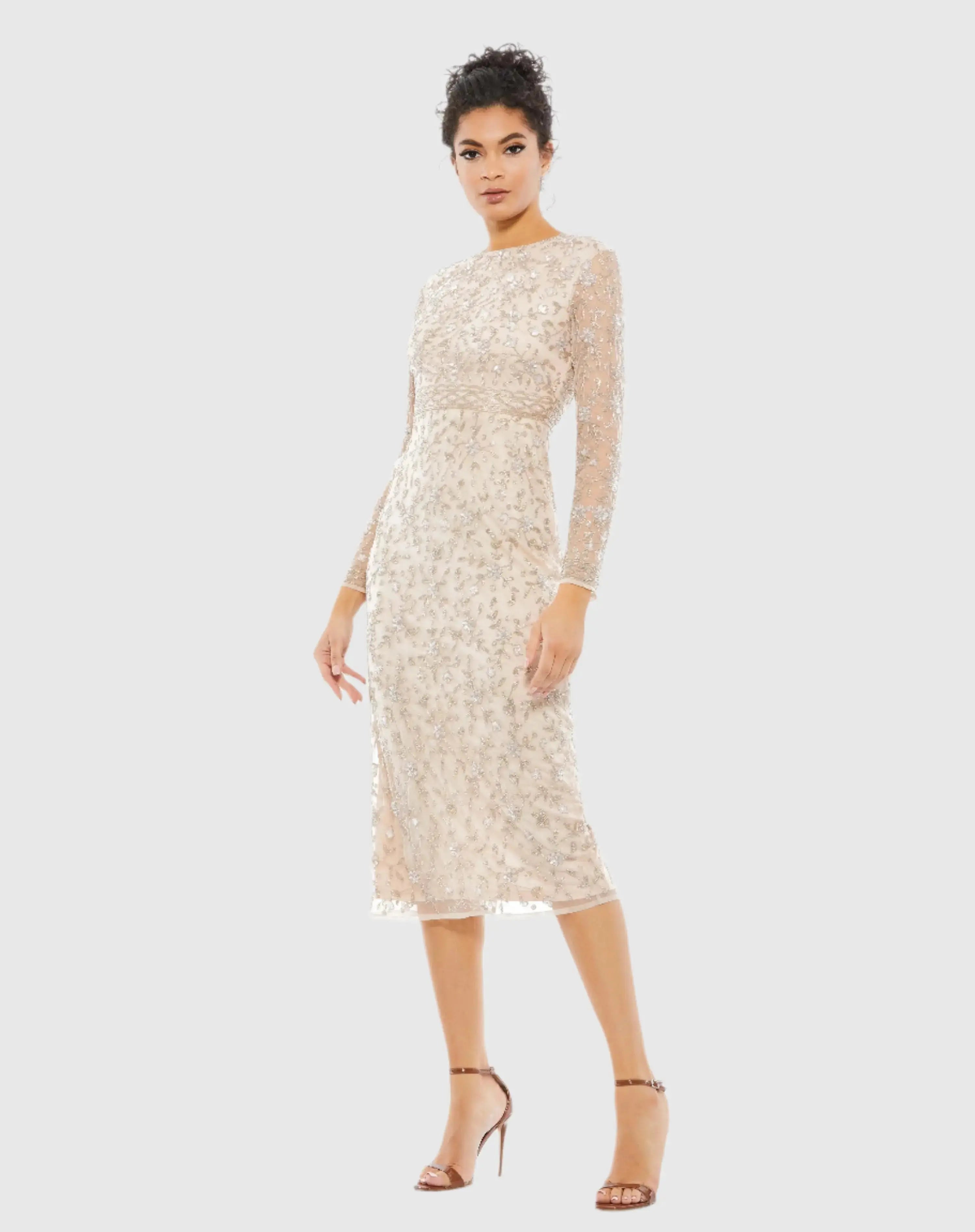 Beaded Tea Length Dress w/ Sheer Sleeves-Myartka