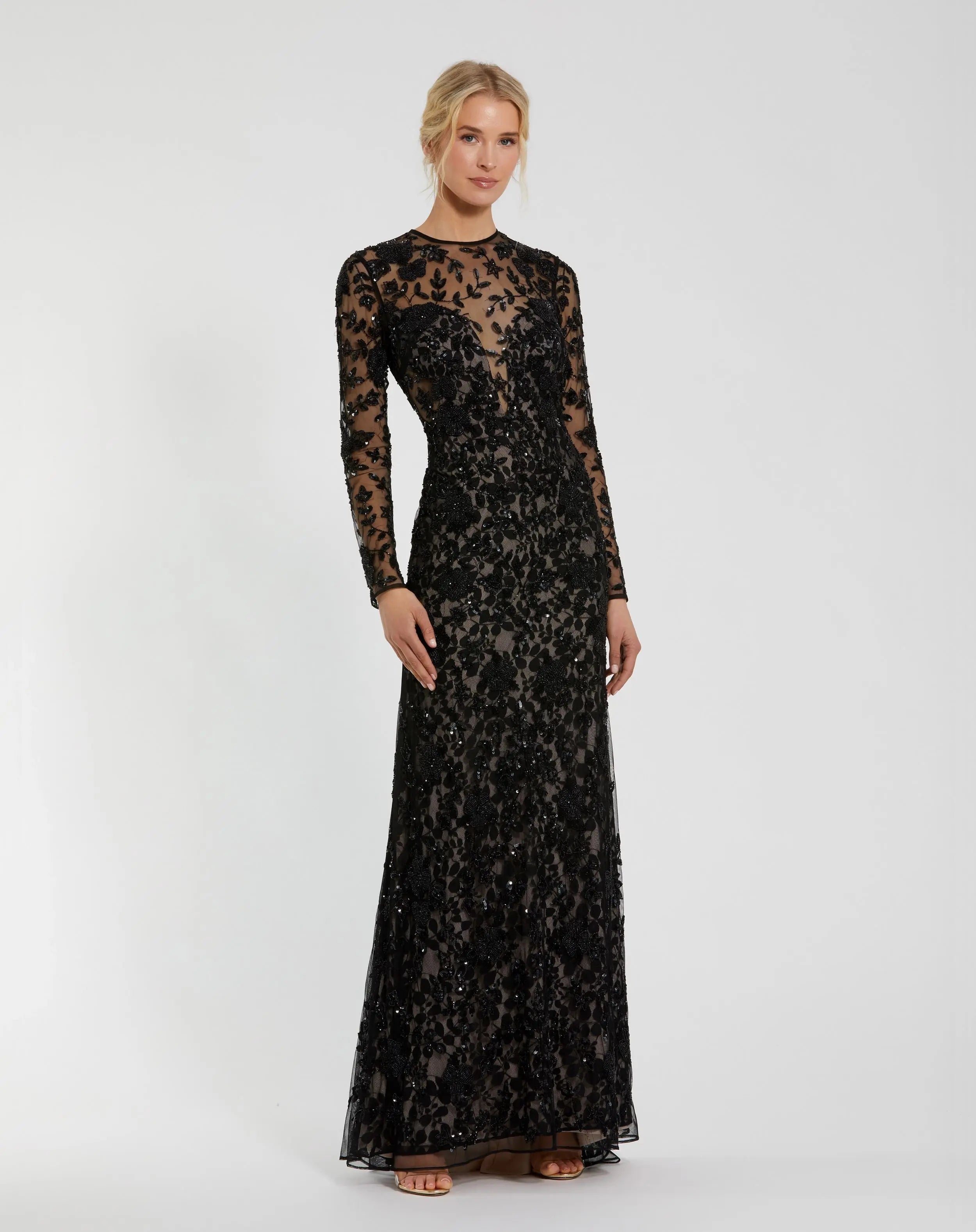 Black Long Sleeve Floral Embellished Gown-Myartka