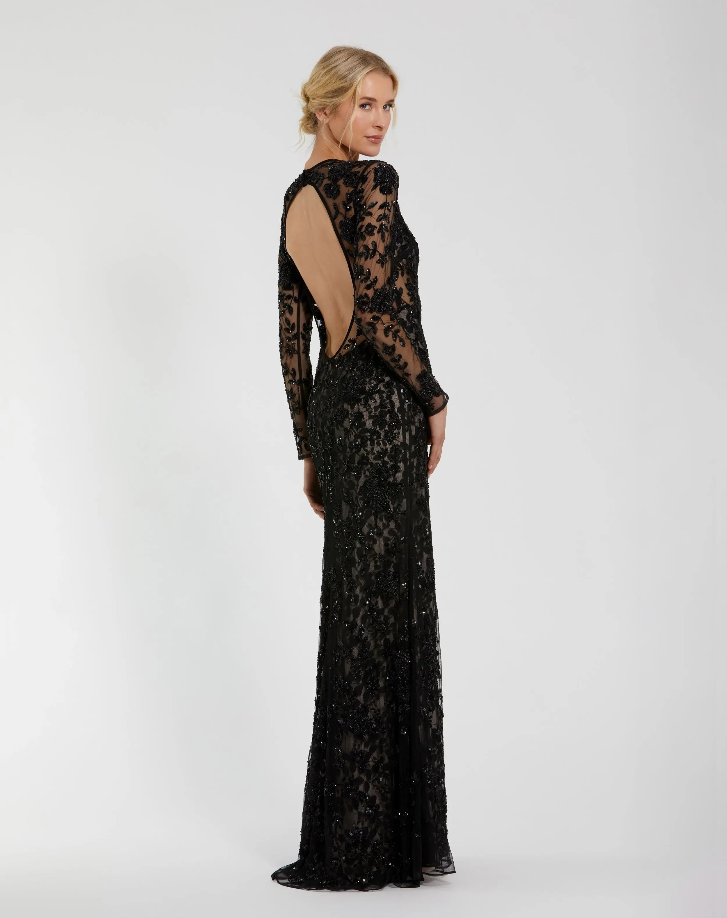 Black Long Sleeve Floral Embellished Gown-Myartka