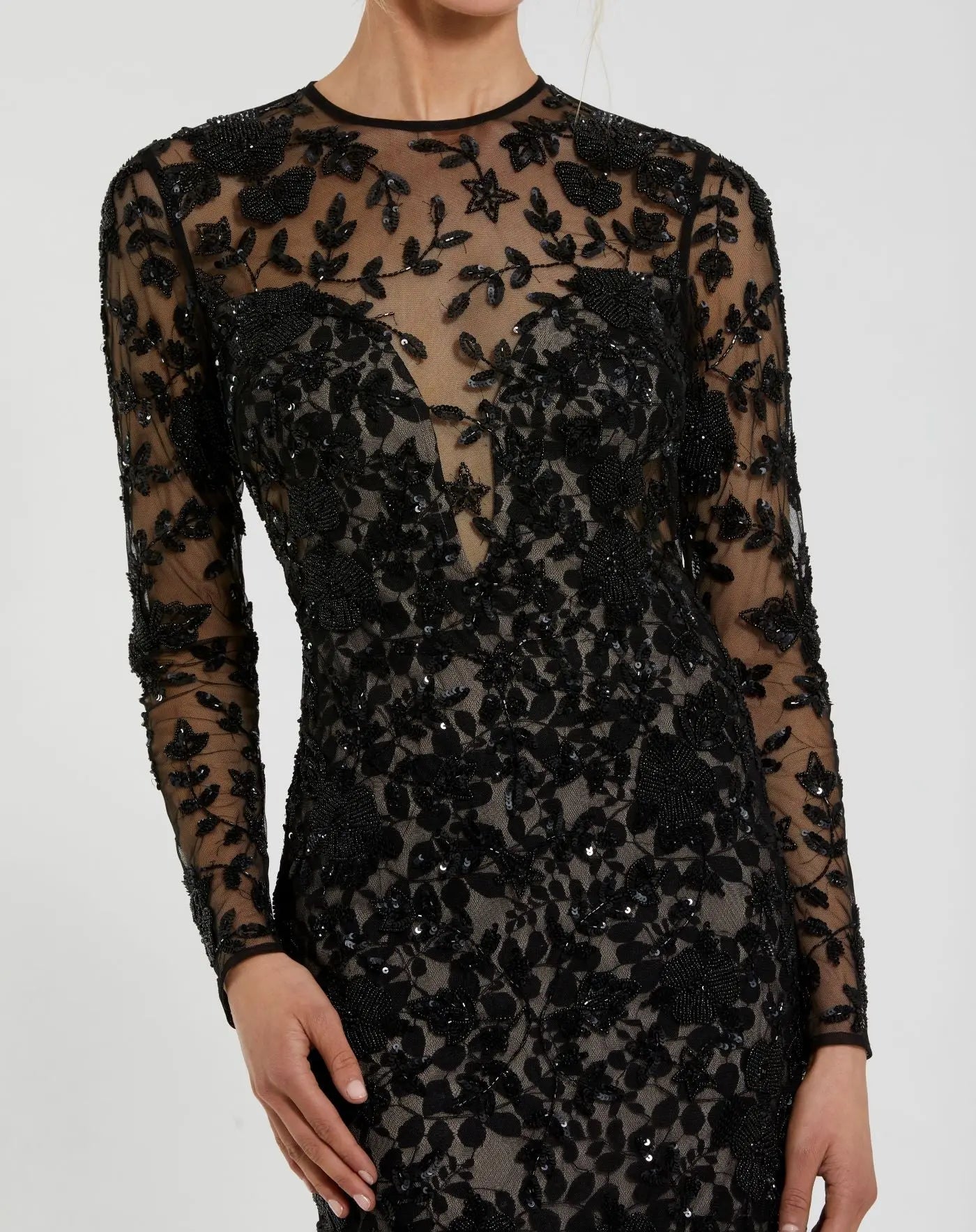 Black Long Sleeve Floral Embellished Gown-Myartka