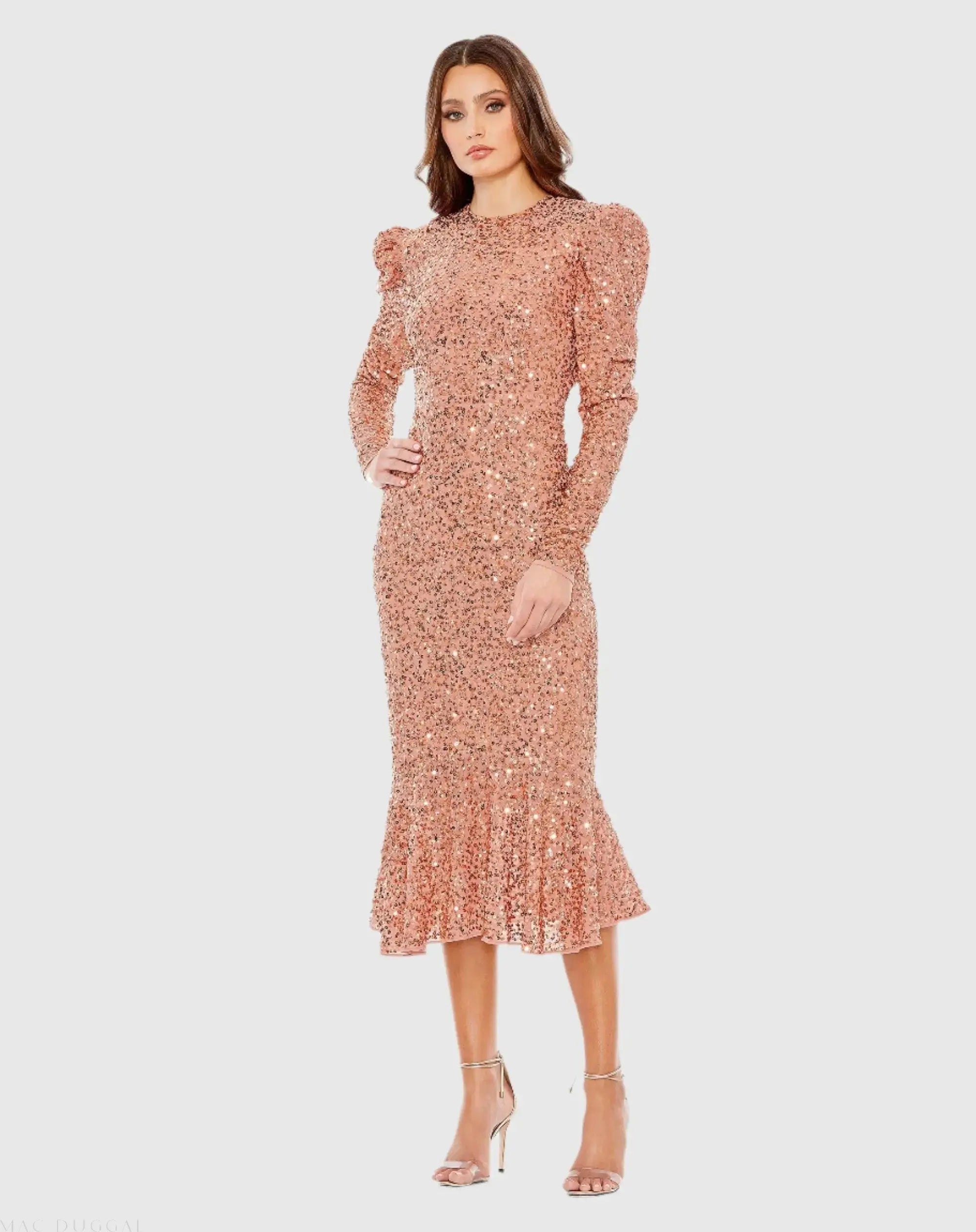 Sequined Long Sleeve High Neck Trumpet Dress-Myartka