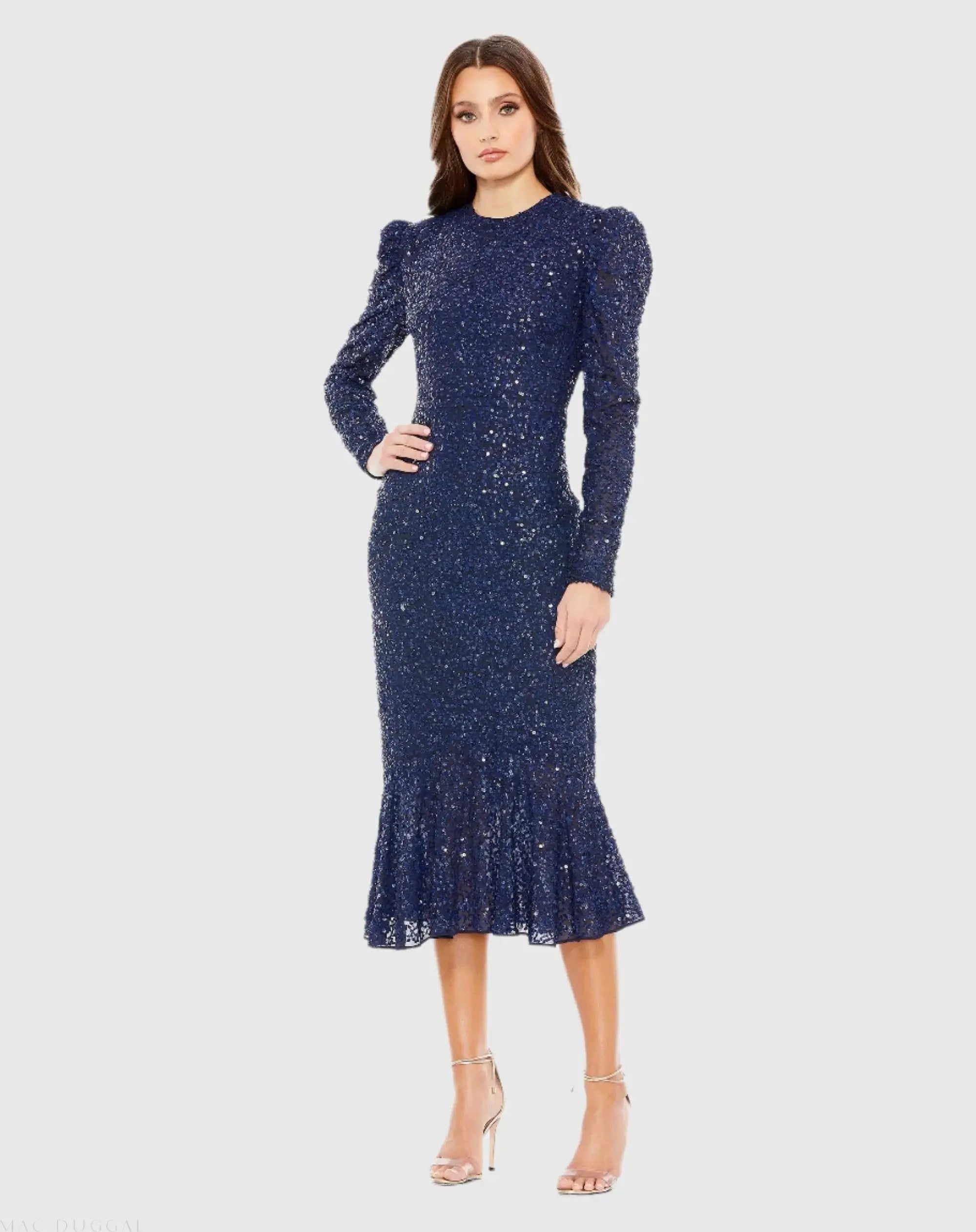 Sequined Long Sleeve High Neck Trumpet Dress-Myartka