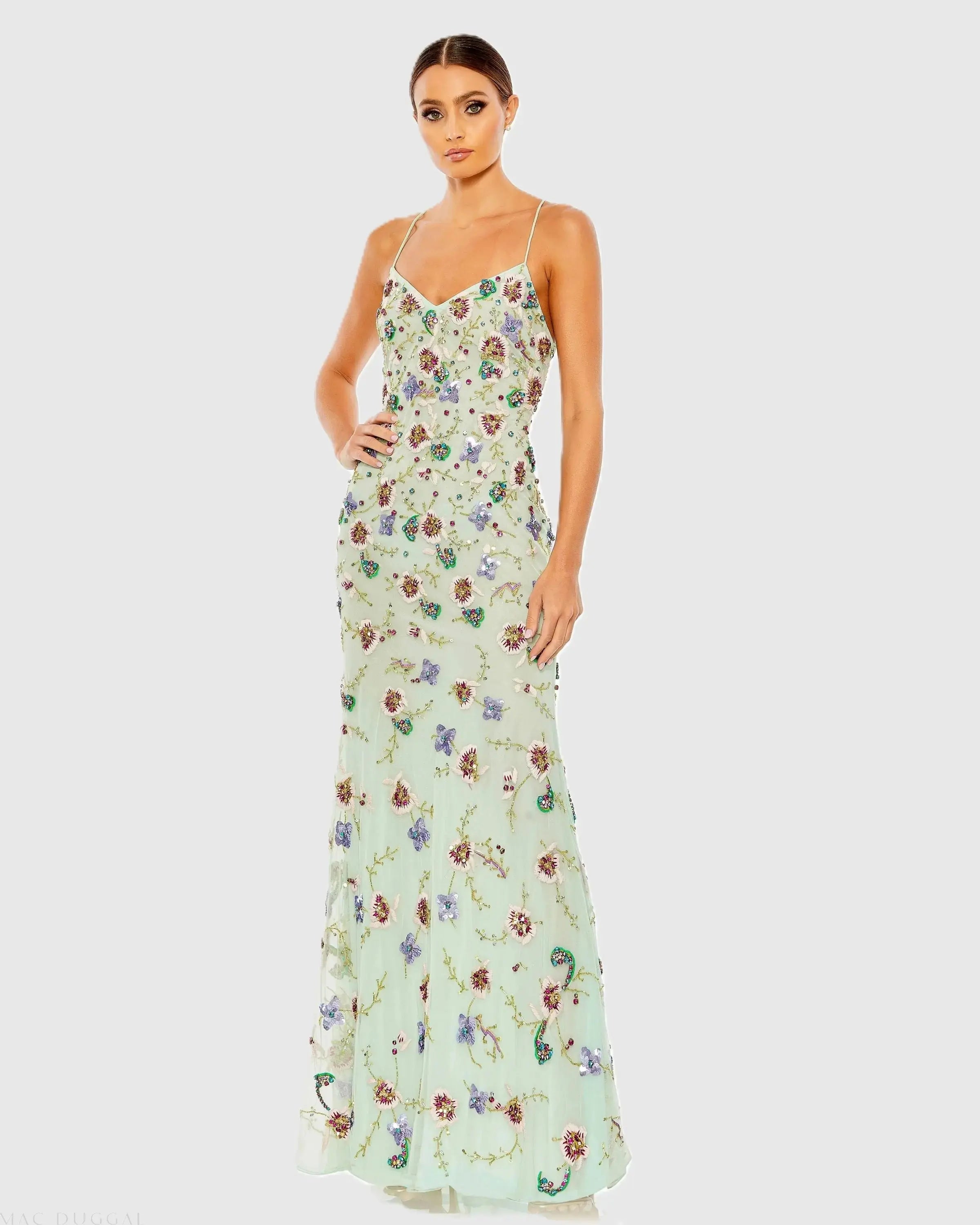 Embellished Spaghetti Strap Lace Up Gown-Myartka