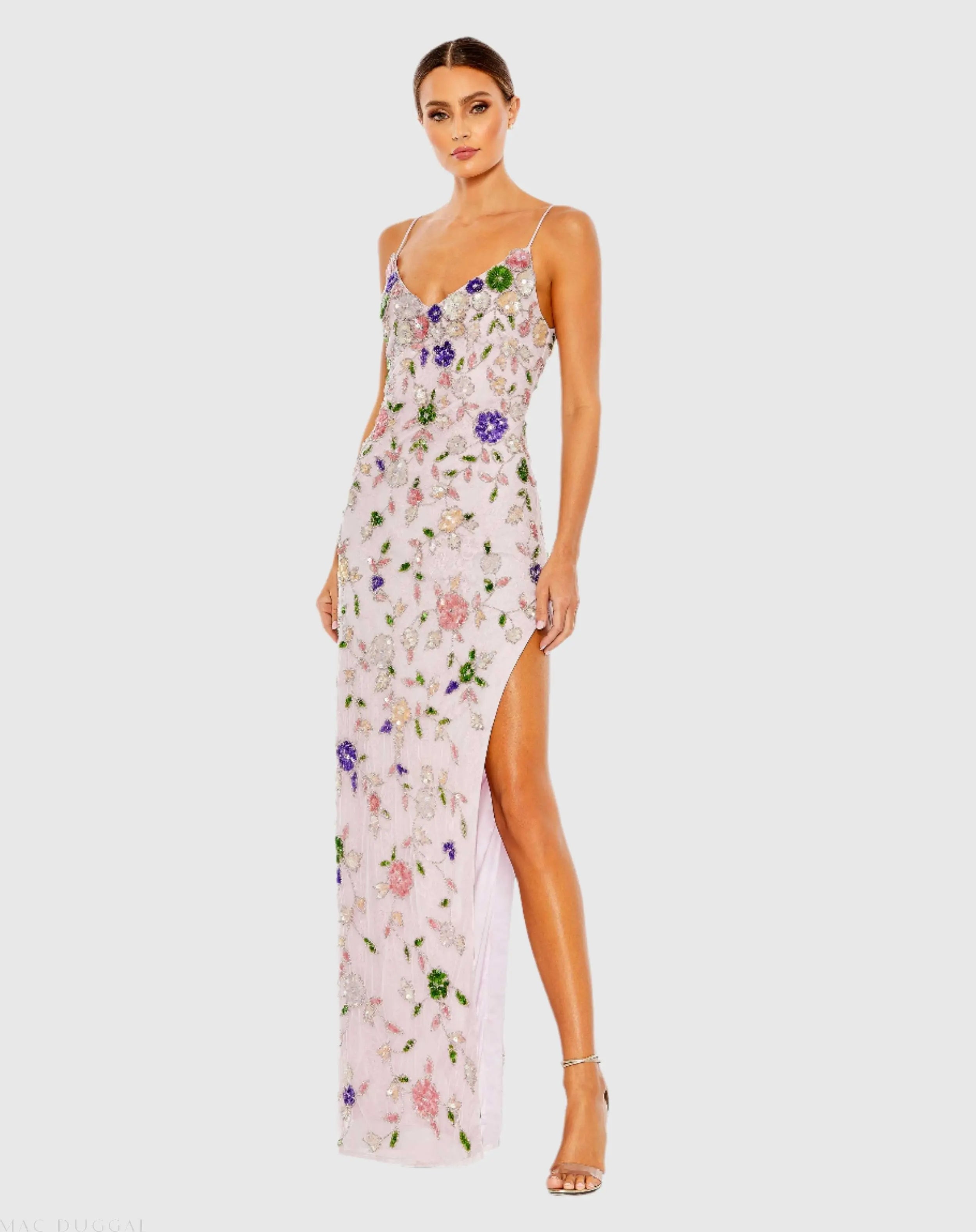Purple Embellished Lace Sleeveless V Neck Gown-Myartka