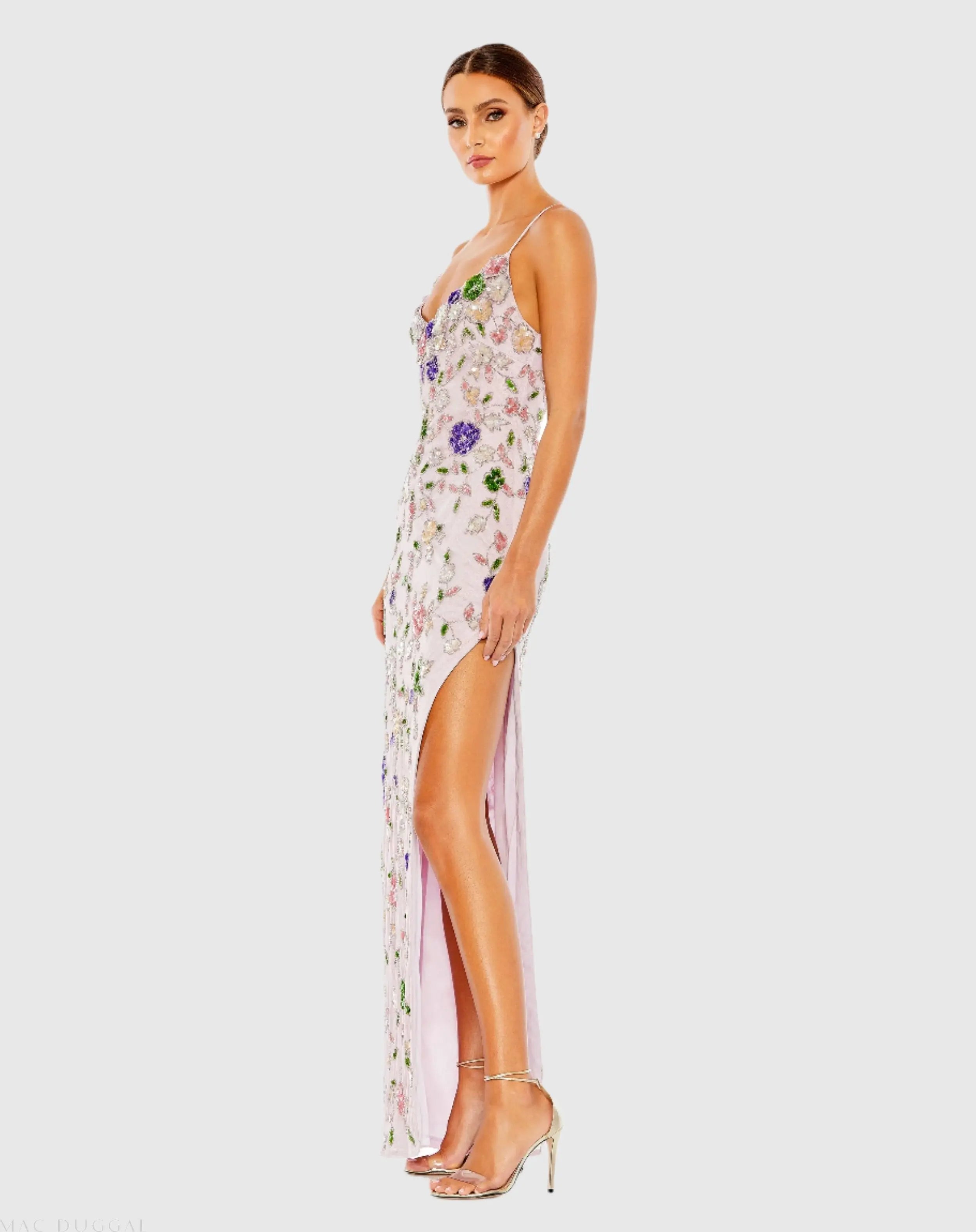 Purple Embellished Lace Sleeveless V Neck Gown-Myartka