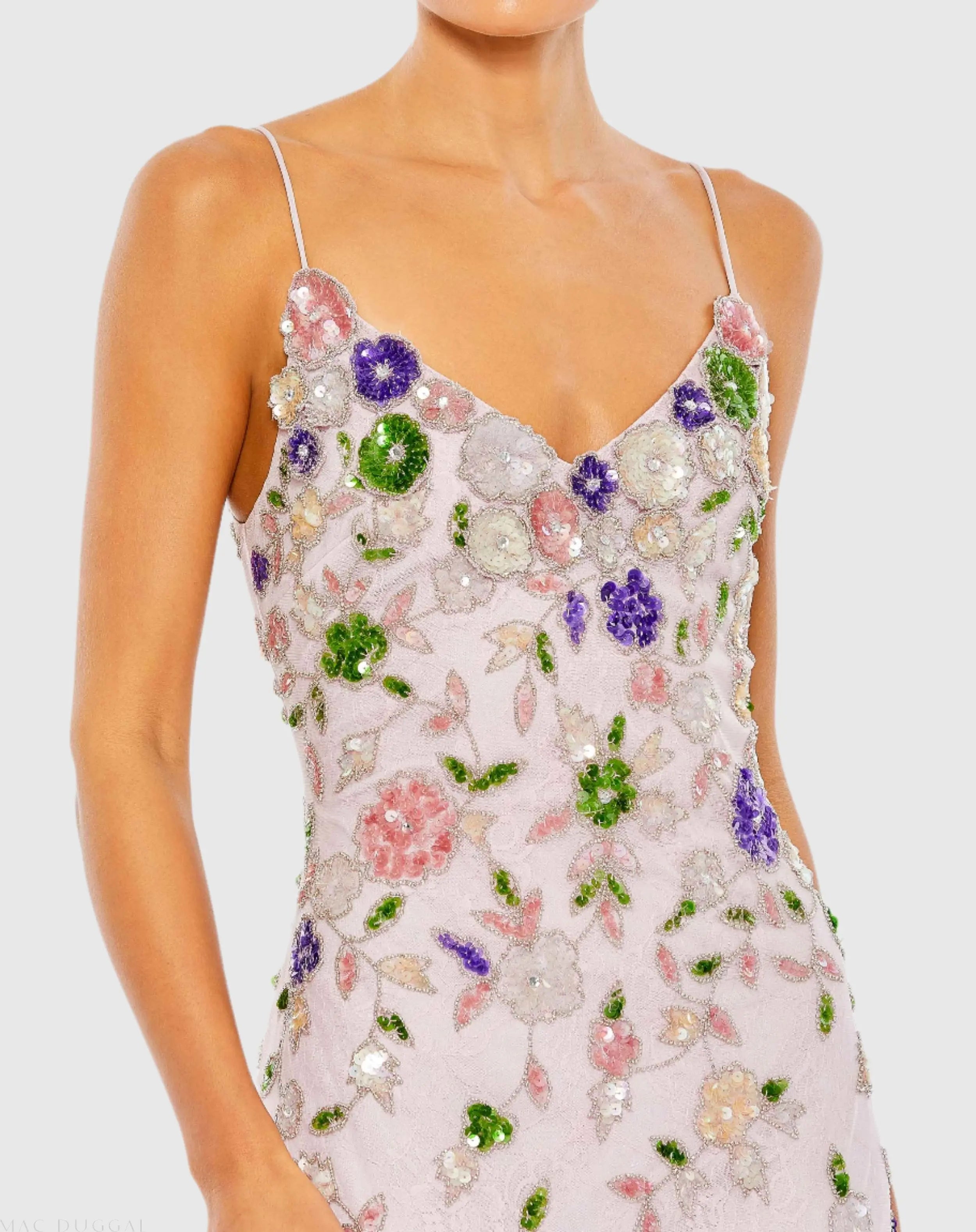 Purple Embellished Lace Sleeveless V Neck Gown-Myartka