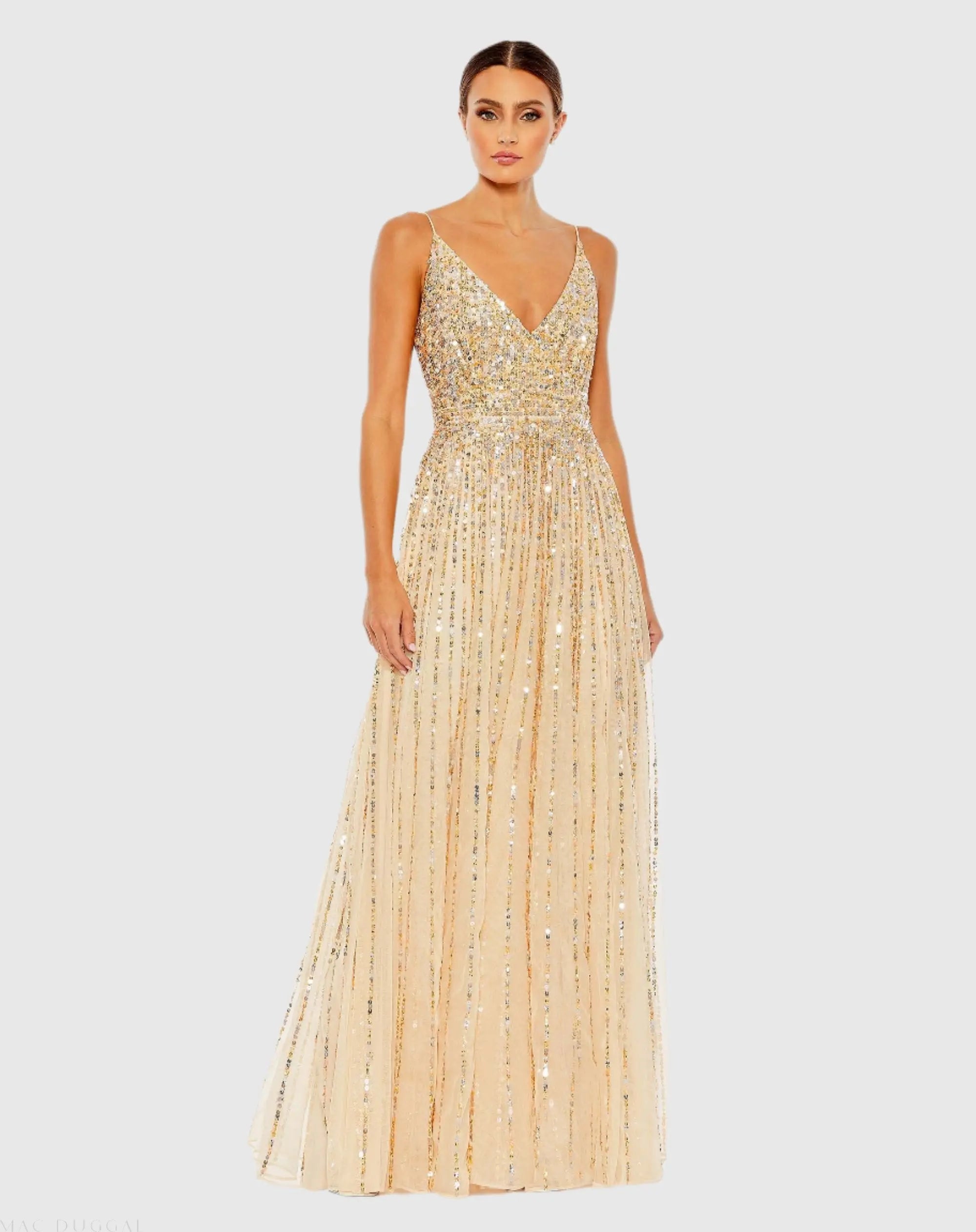 Beige Sequined Sleeveless Wrap Over A Line Gown-Myartka