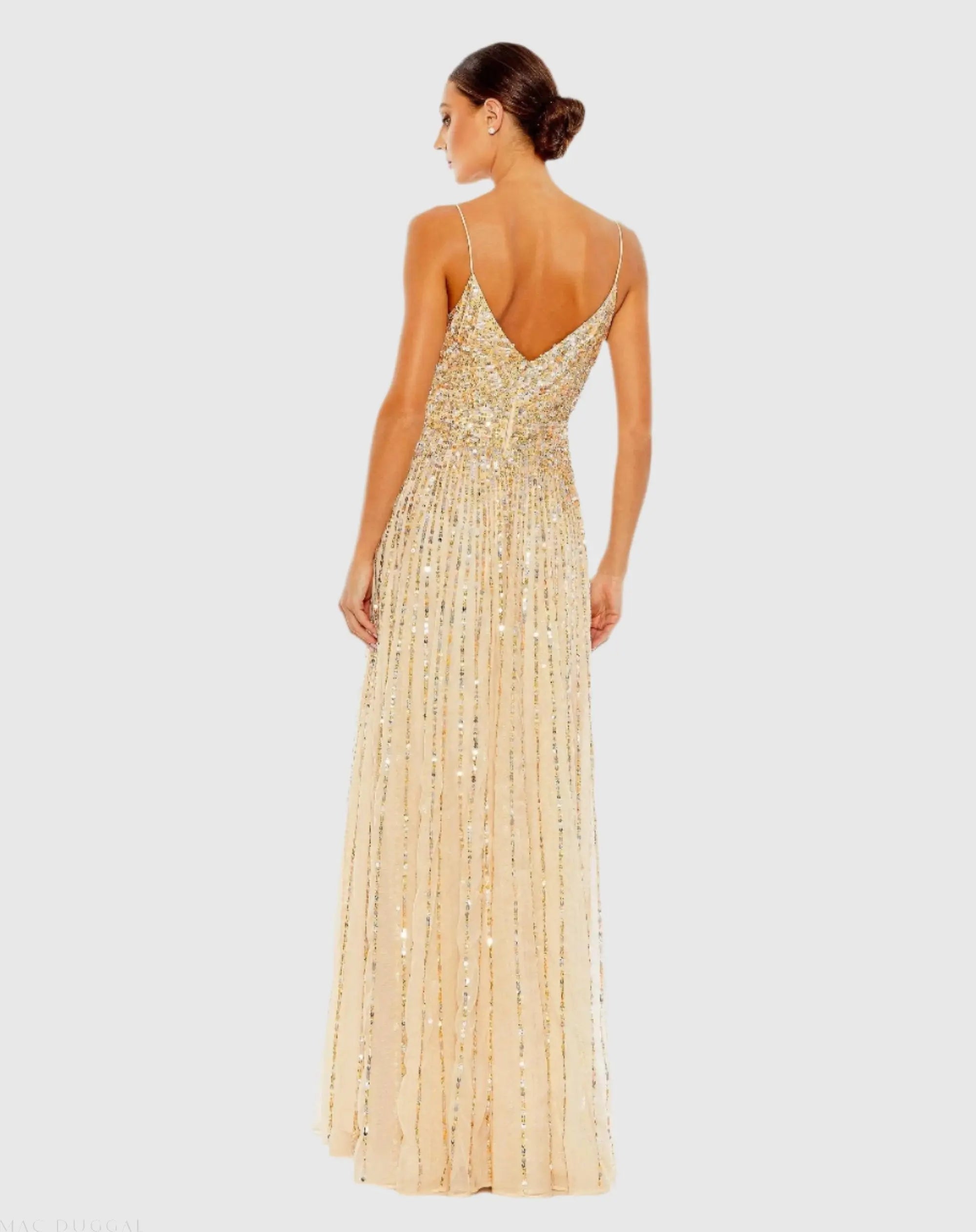 Beige Sequined Sleeveless Wrap Over A Line Gown-Myartka
