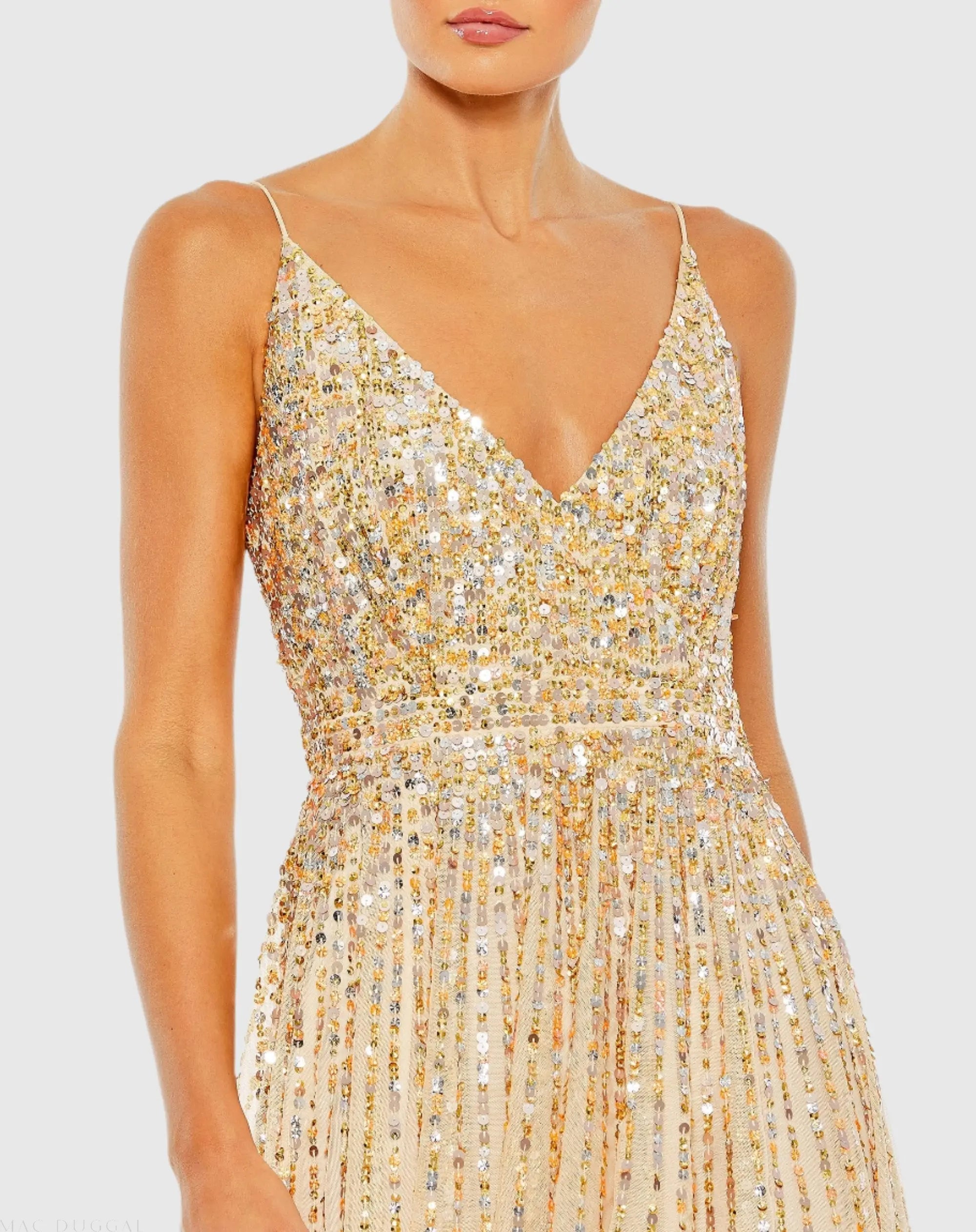 Beige Sequined Sleeveless Wrap Over A Line Gown-Myartka