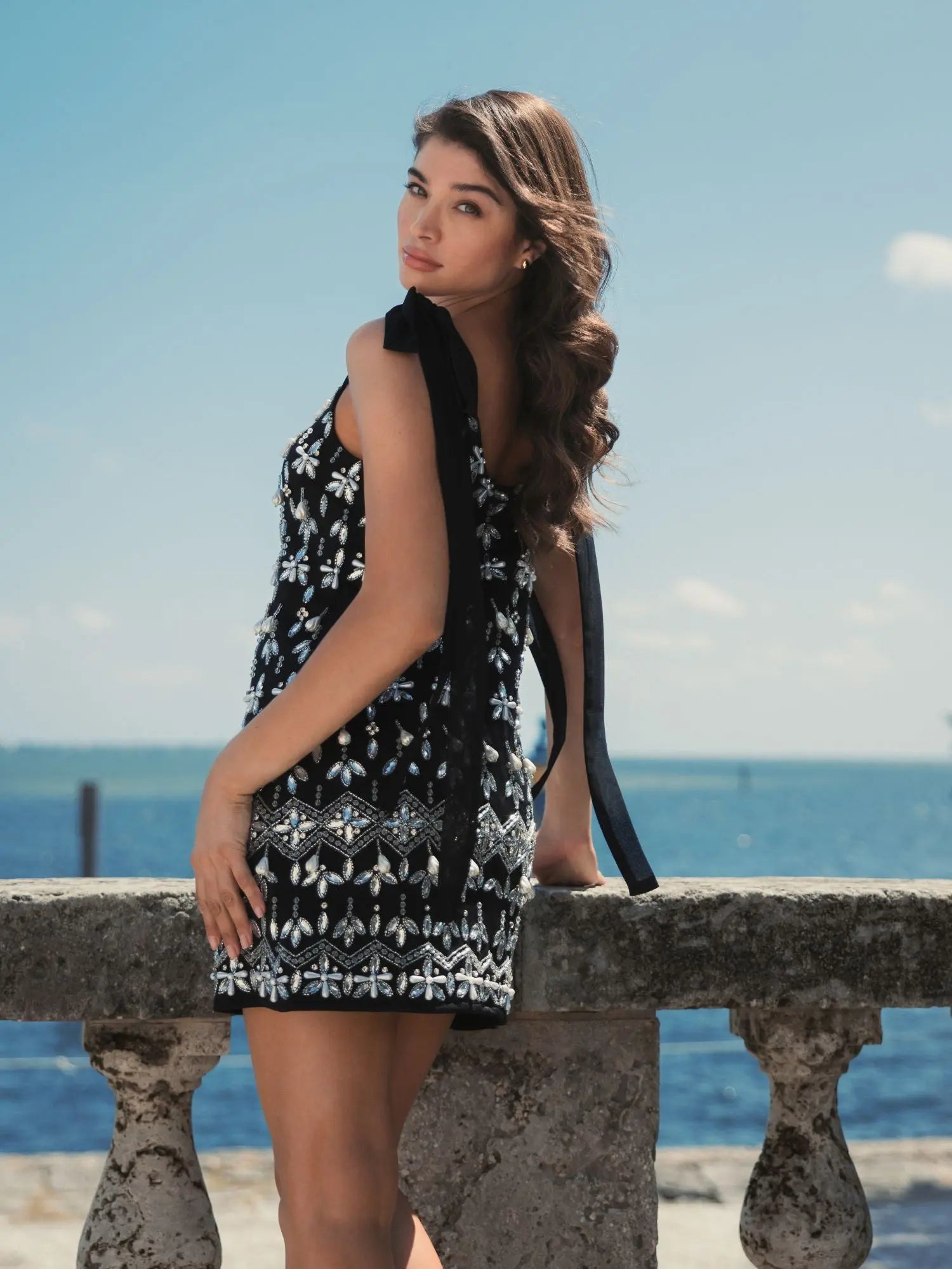 Black Jewel Encrusted Soft Tie Sleeveless Dress-Myartka