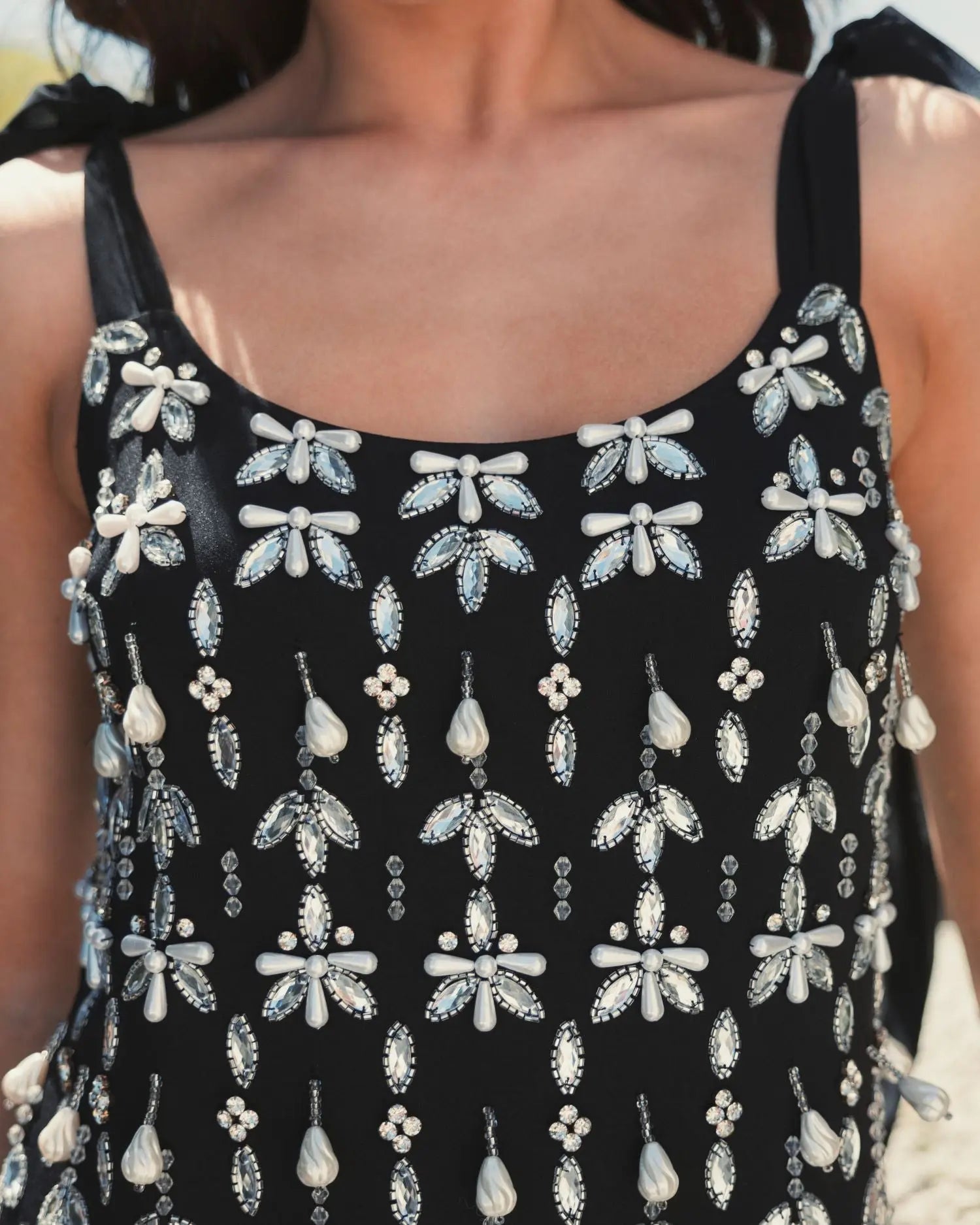 Black Jewel Encrusted Soft Tie Sleeveless Dress-Myartka