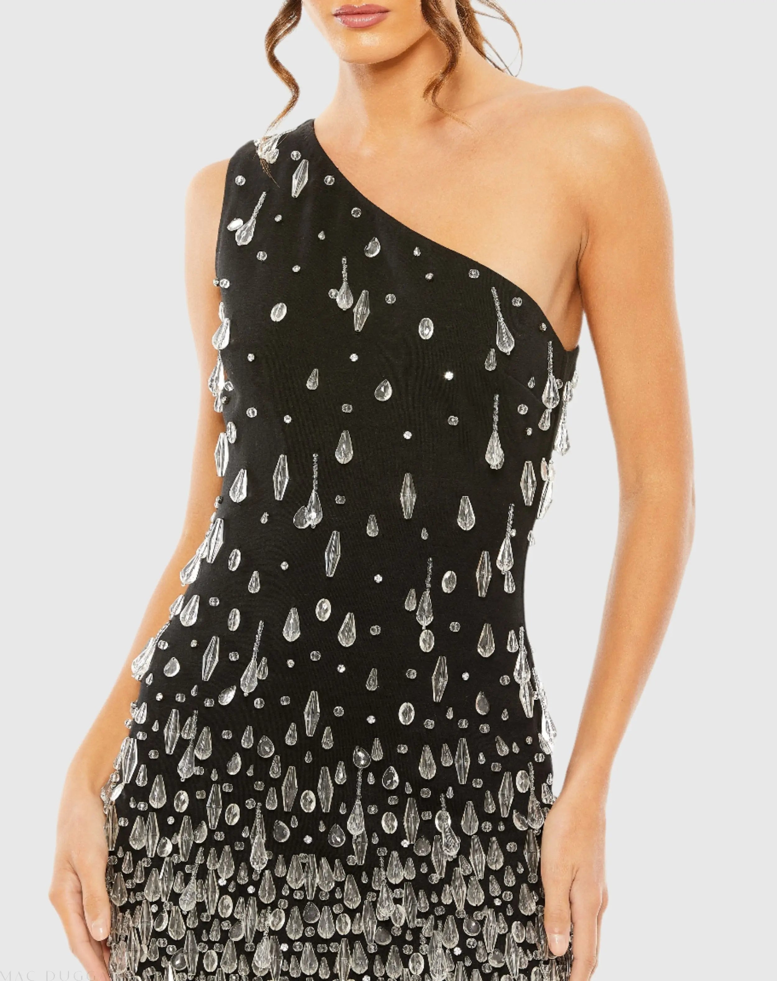 Black One Shoulder Crystal Drop Dress-Myartka