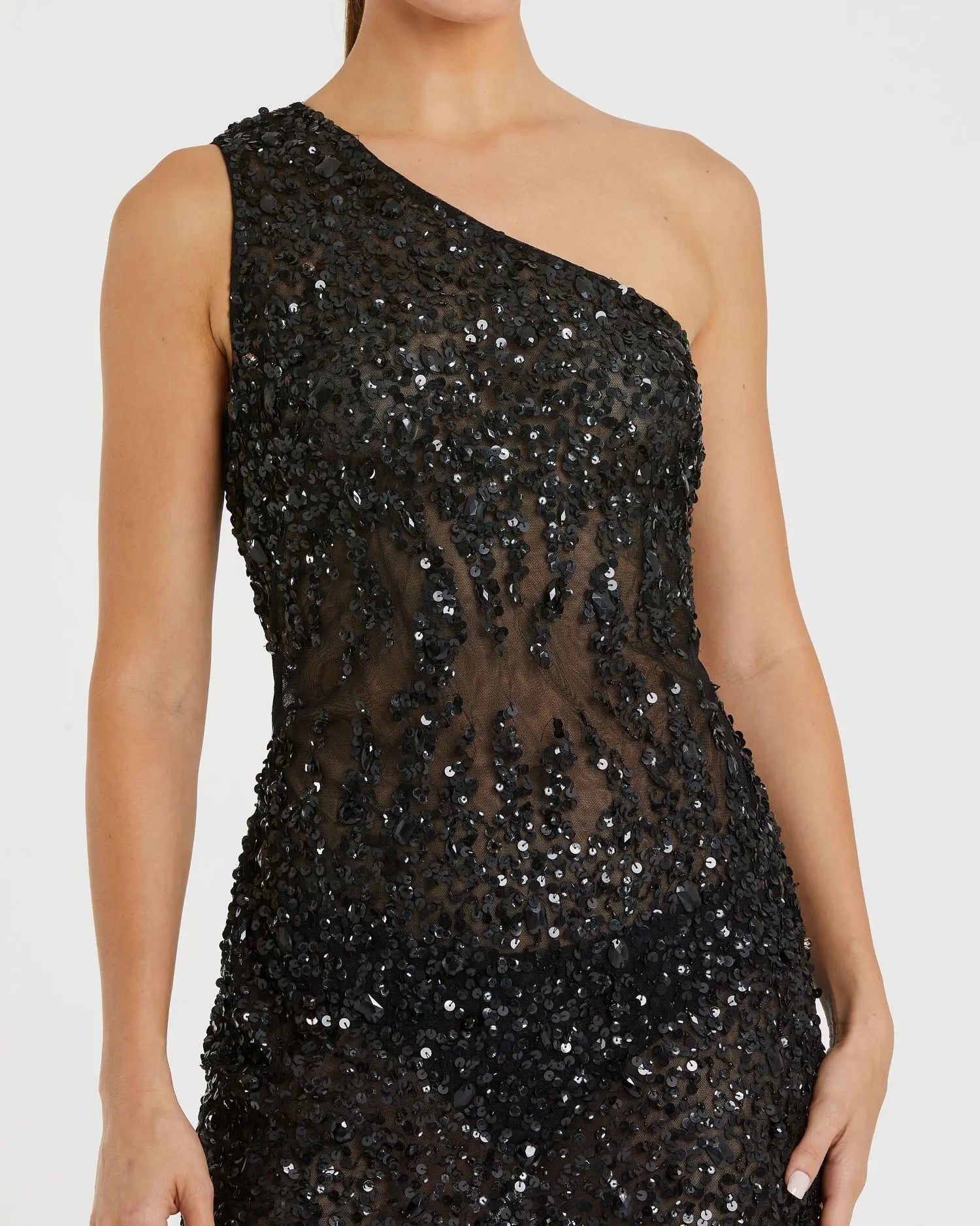 Black One Shoulder Sheer Hand Sequined Mini Dress - FINAL SALE-Myartka