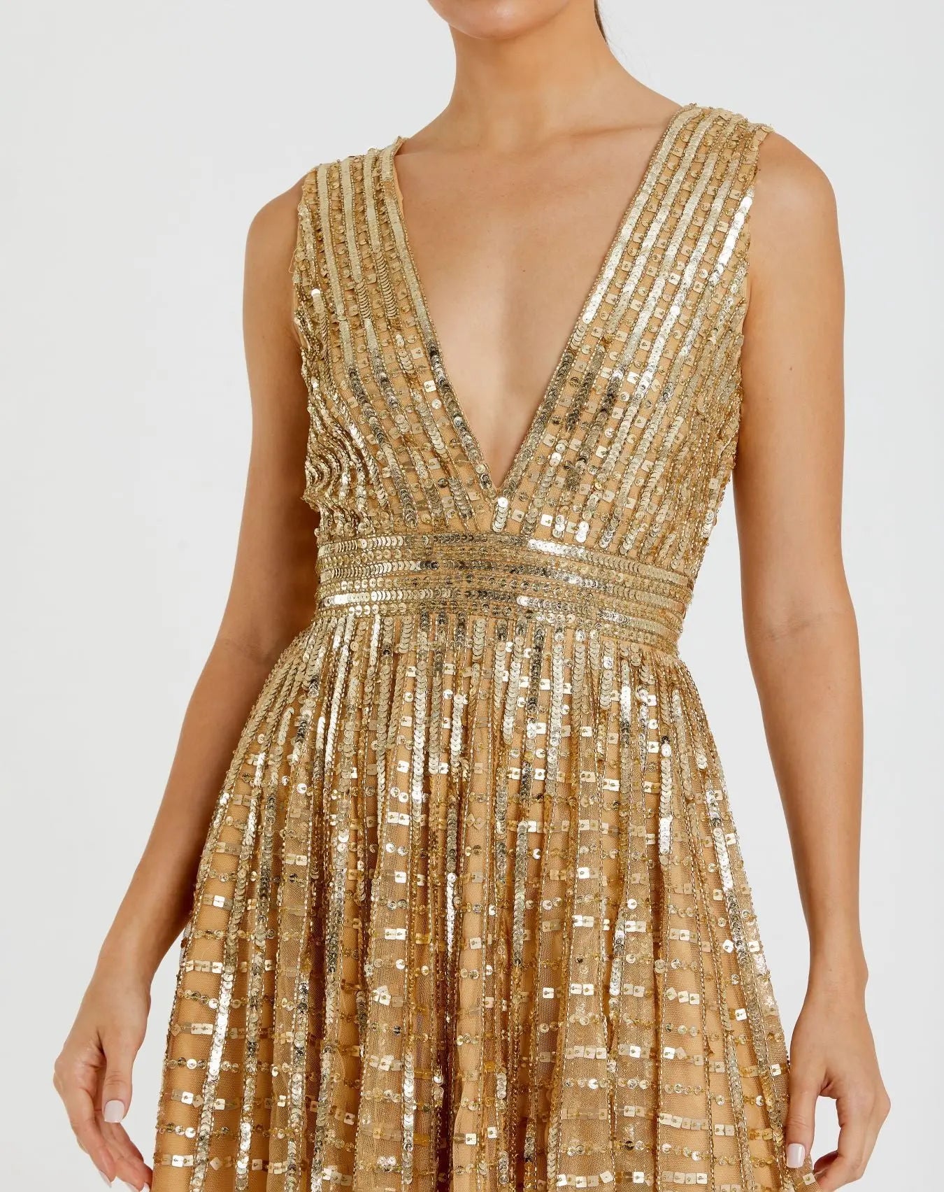 Gold Embellished Sleeveless V Neck A Line Dress-Myartka