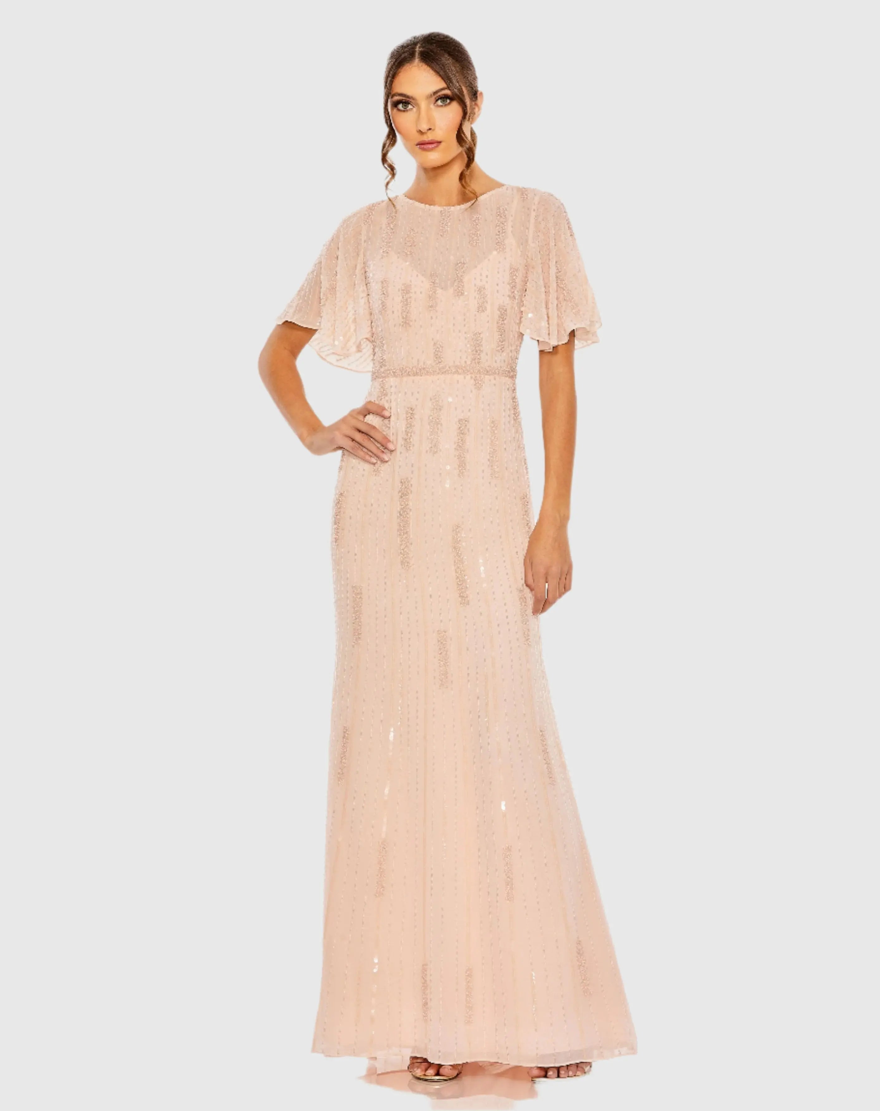Pink High Neck Flutter Sleeve Embellished Gown-Myartka