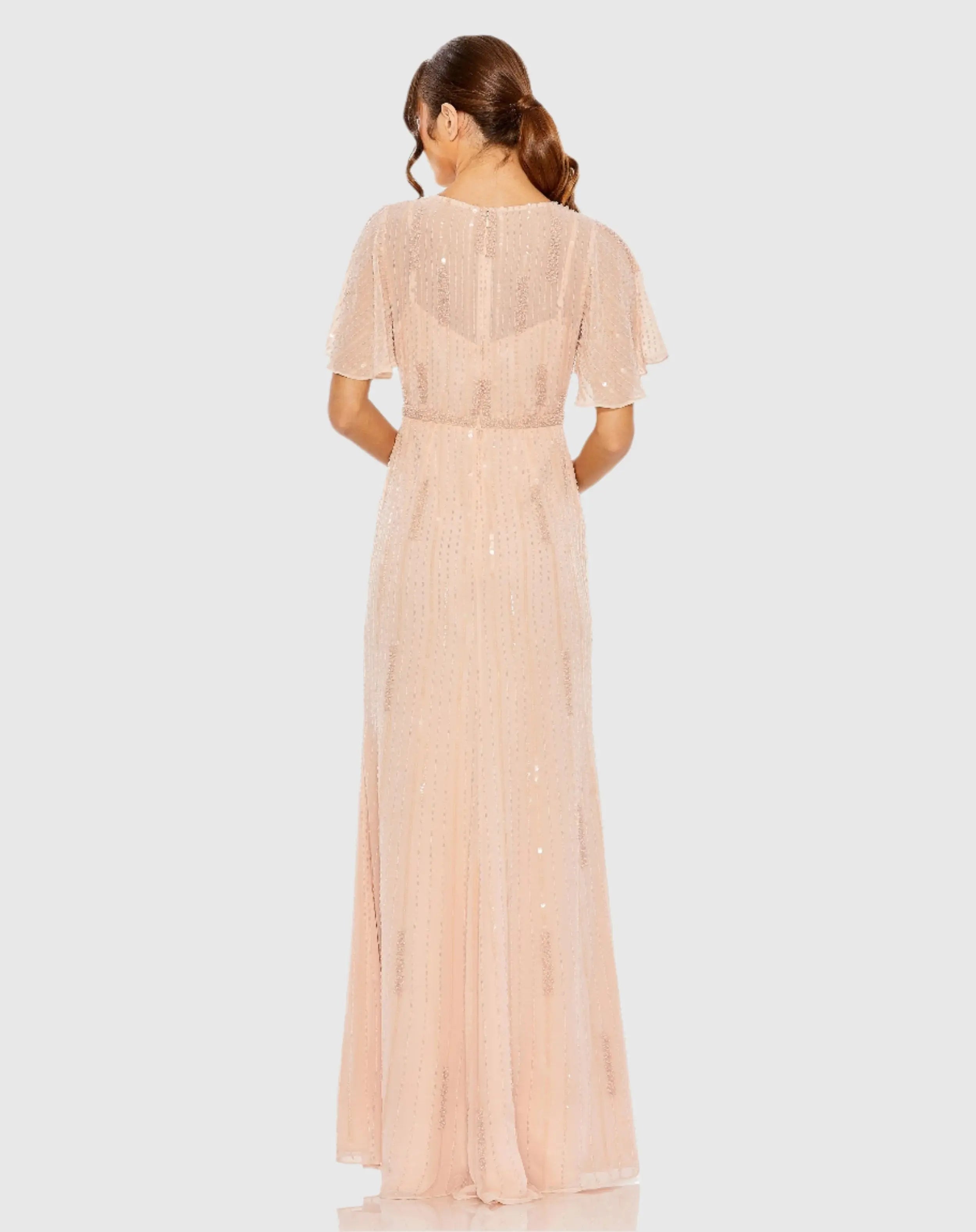 Pink High Neck Flutter Sleeve Embellished Gown-Myartka