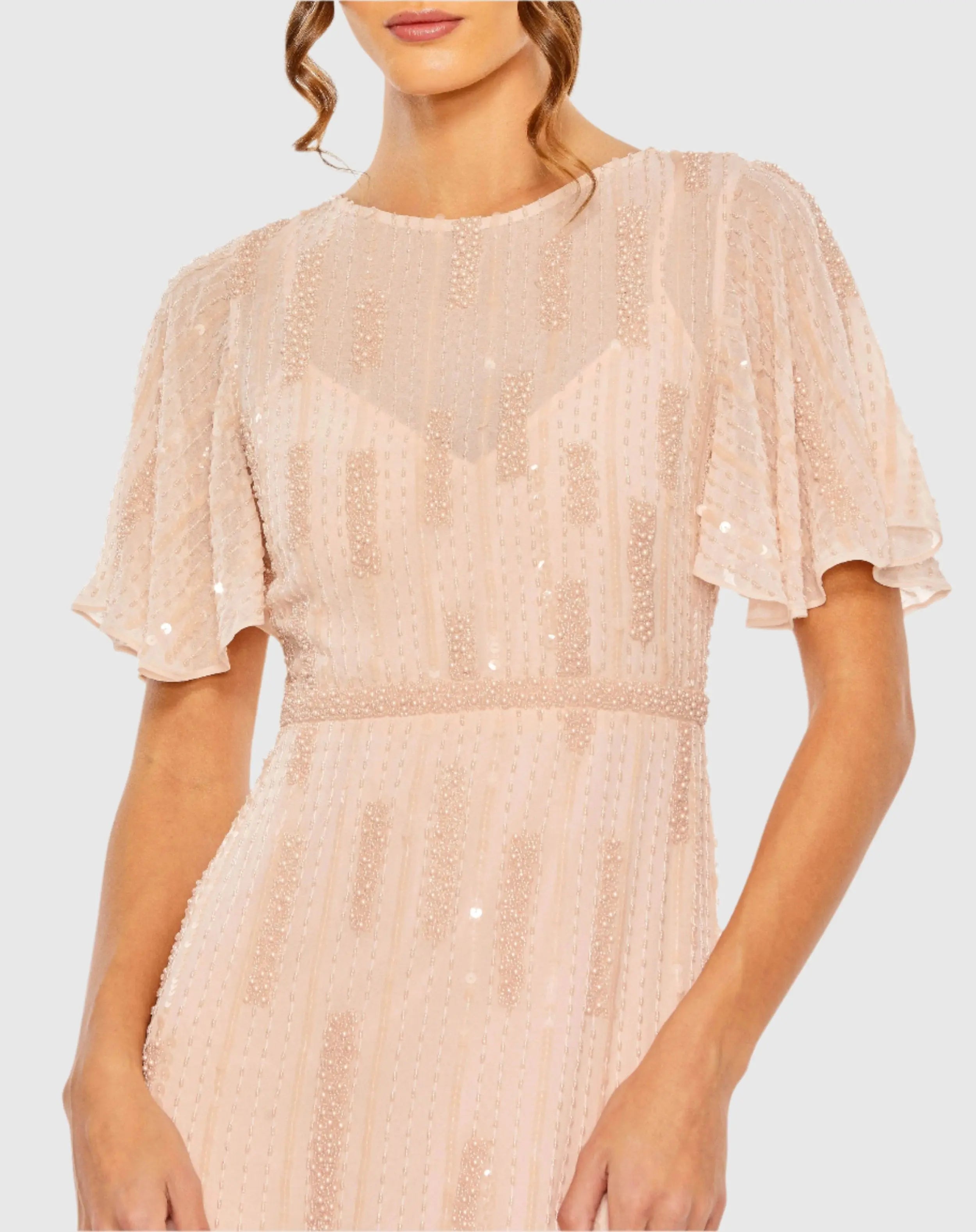 Pink High Neck Flutter Sleeve Embellished Gown-Myartka