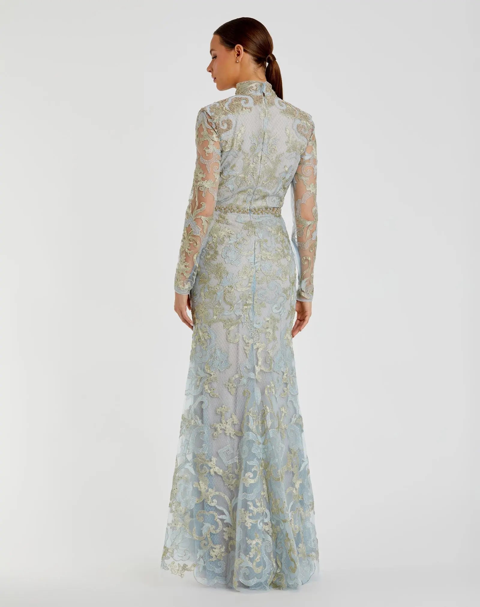 Blue Queen Anne Lace Long Sleeve V-Neck Trumpet Gown-Myartka