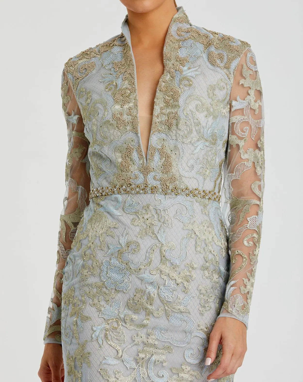 Blue Queen Anne Lace Long Sleeve V-Neck Trumpet Gown-Myartka