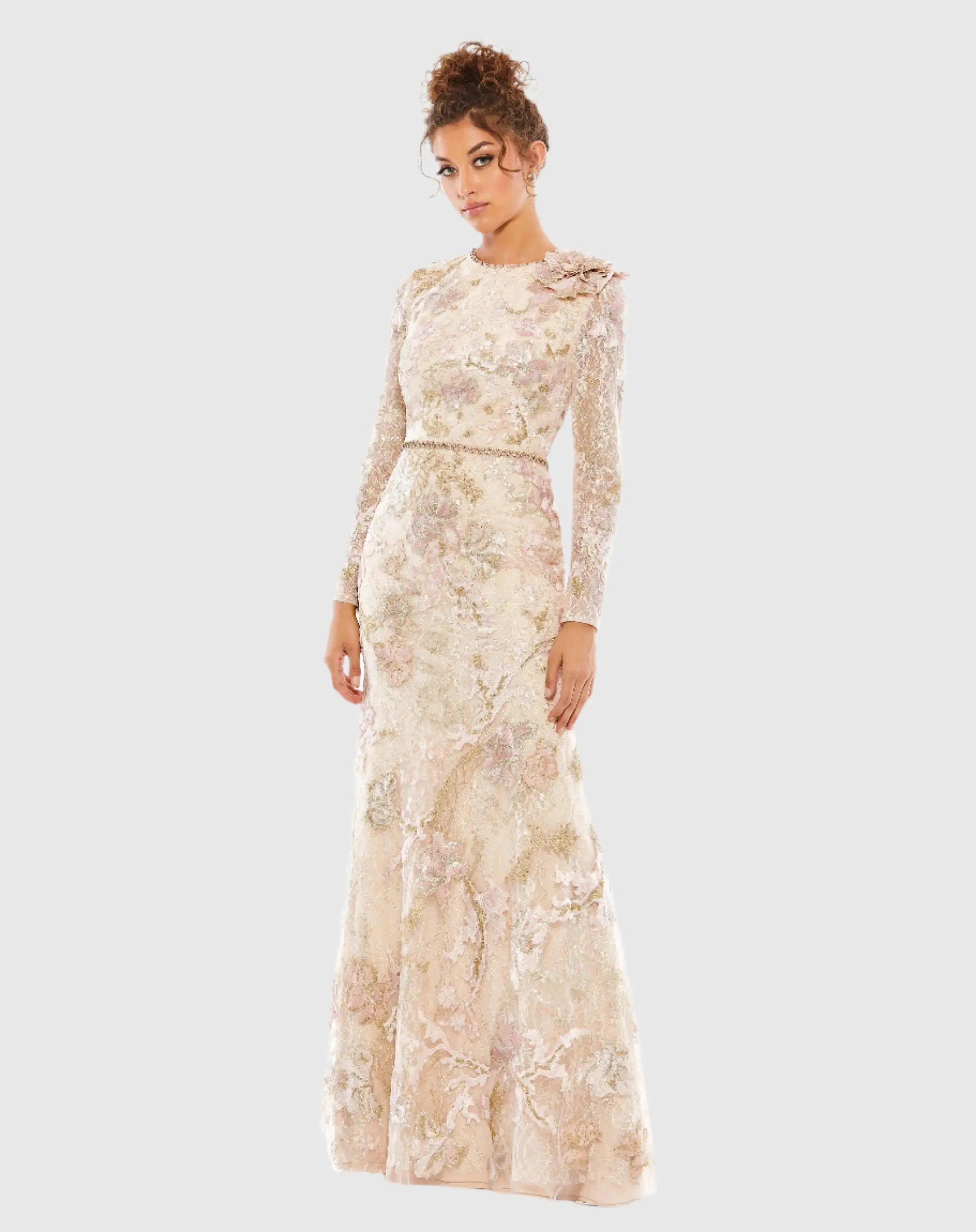 Pink and Beige Embroidered Lace Trumpet Evening Dress-Myartka