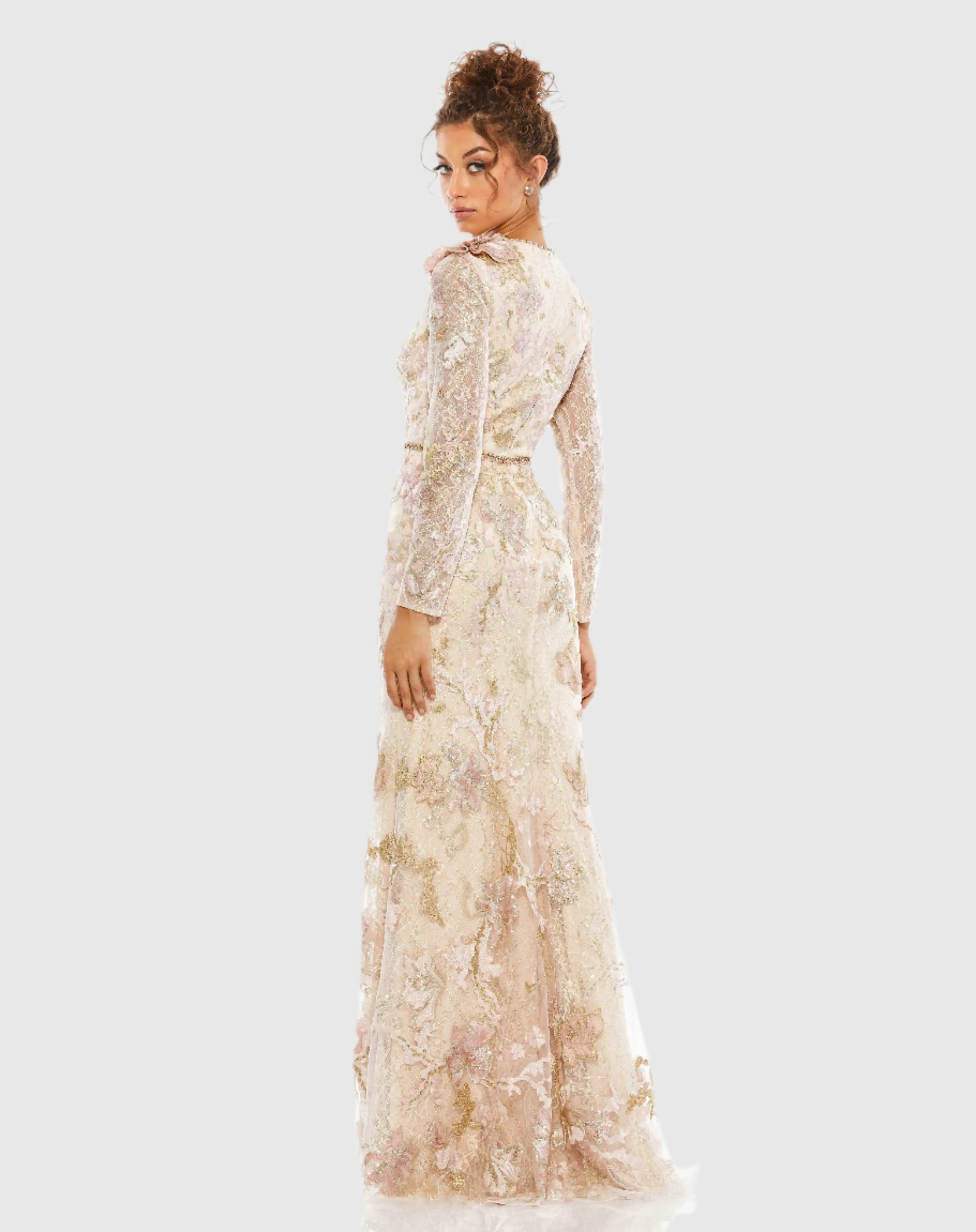 Pink and Beige Embroidered Lace Trumpet Evening Dress-Myartka