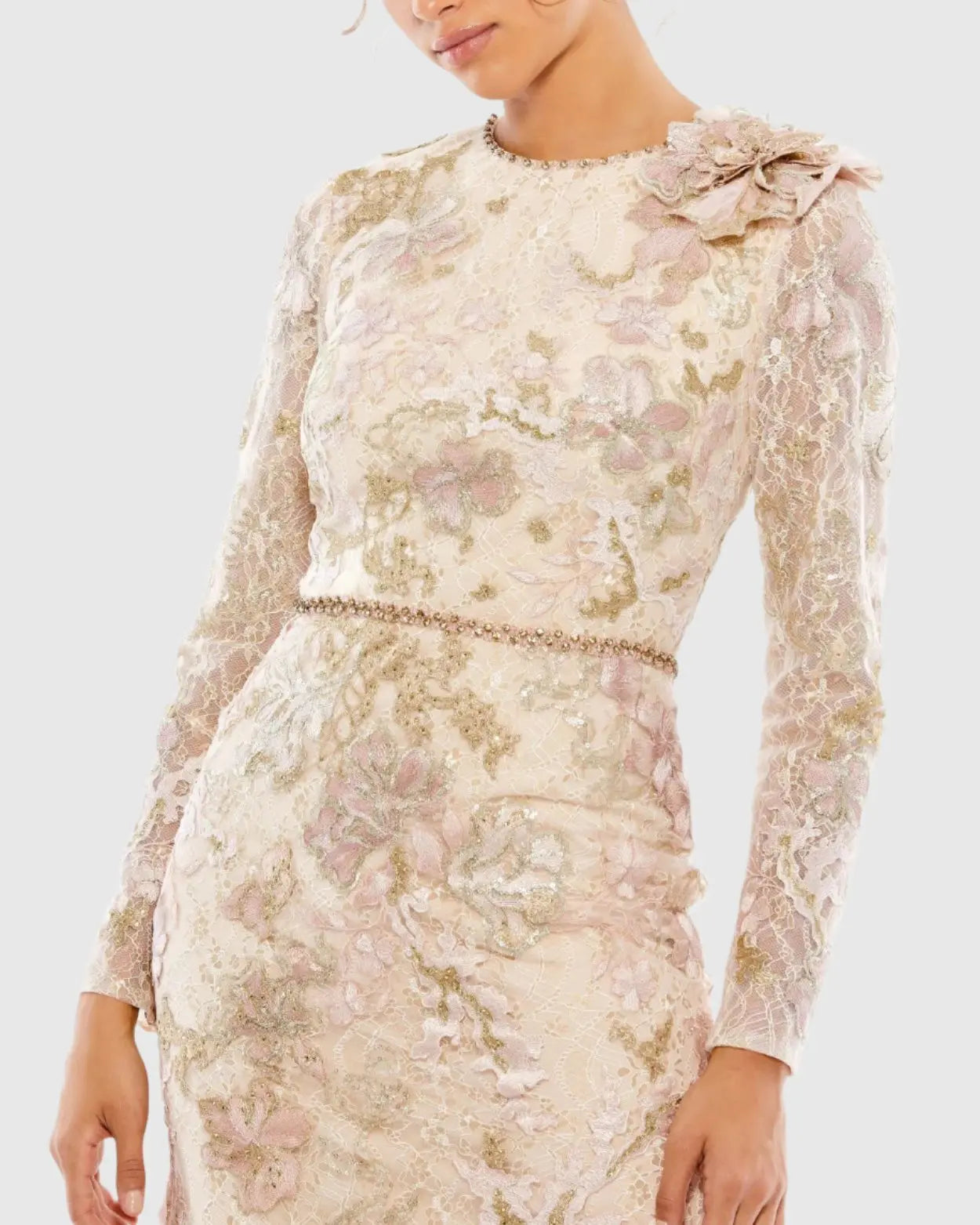 Pink and Beige Embroidered Lace Trumpet Evening Dress-Myartka