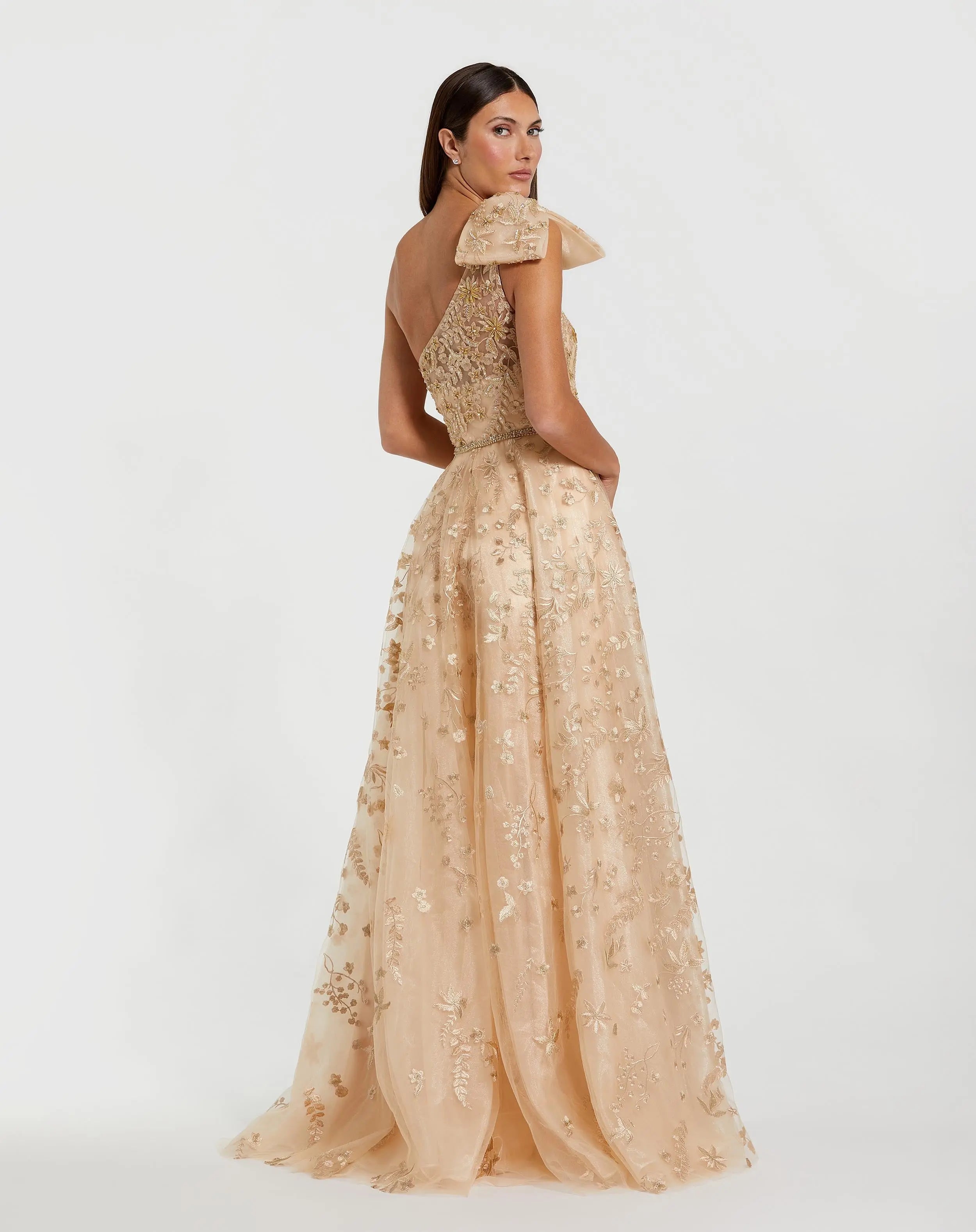 Beige Embellished Bow One Shoulder A Line Gown-Myartka
