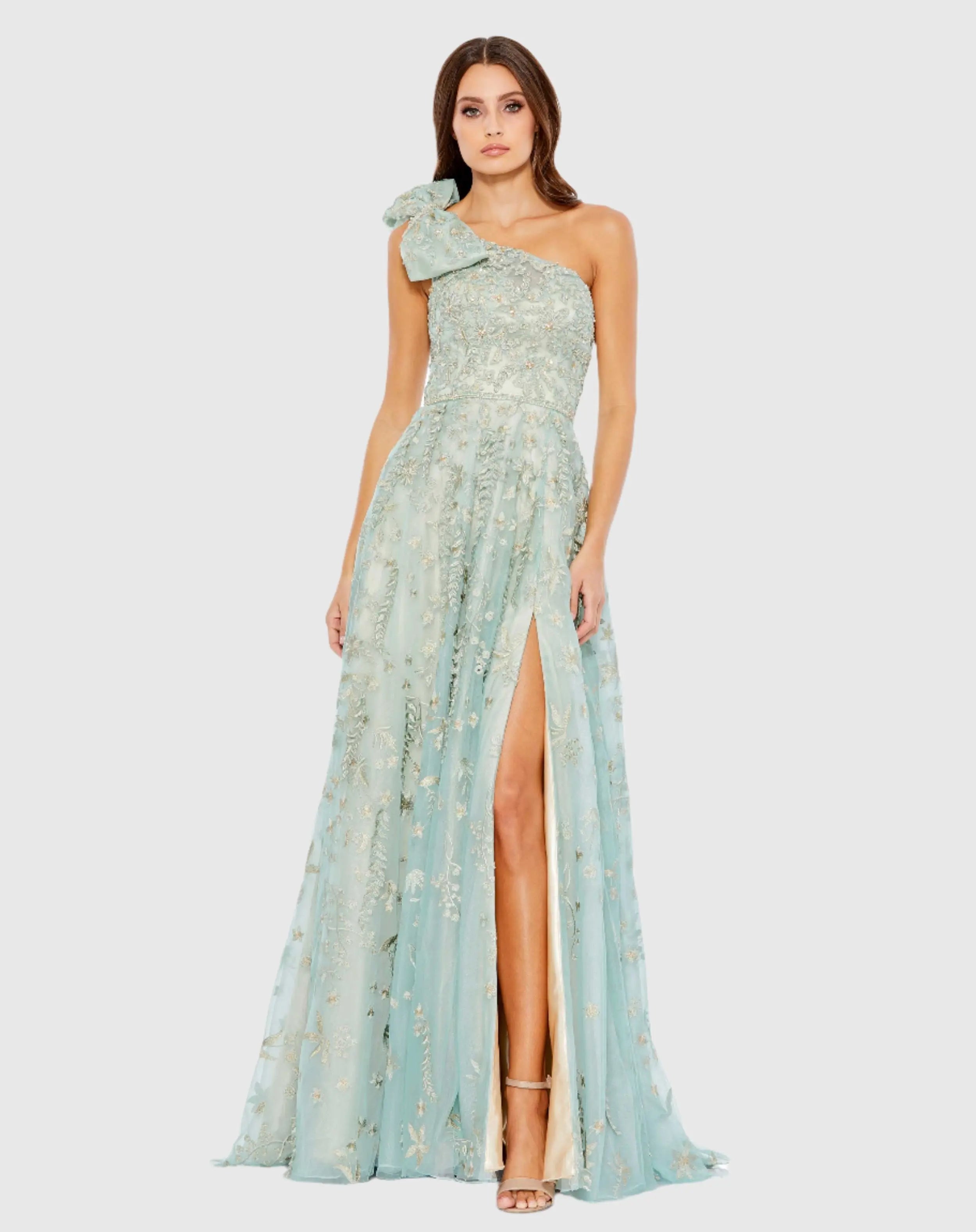 Green Embellished Bow One Shoulder A Line Gown-Myartka