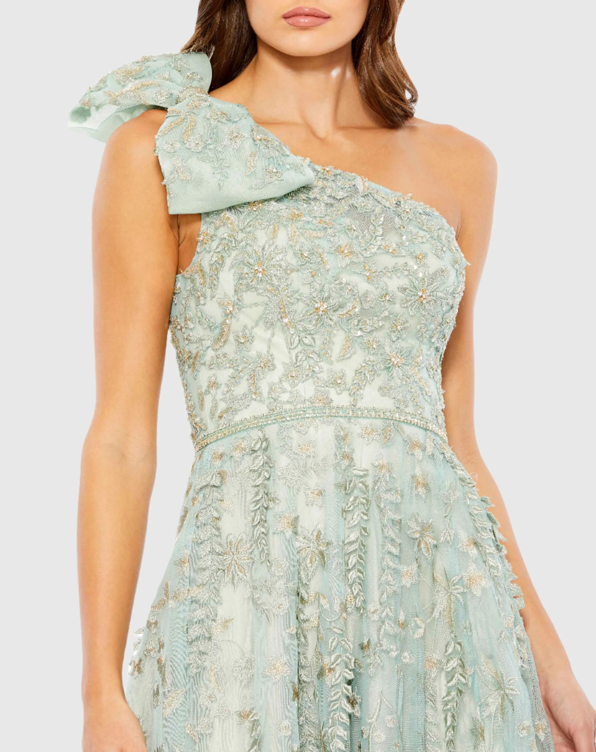 Green Embellished Bow One Shoulder A Line Gown-Myartka