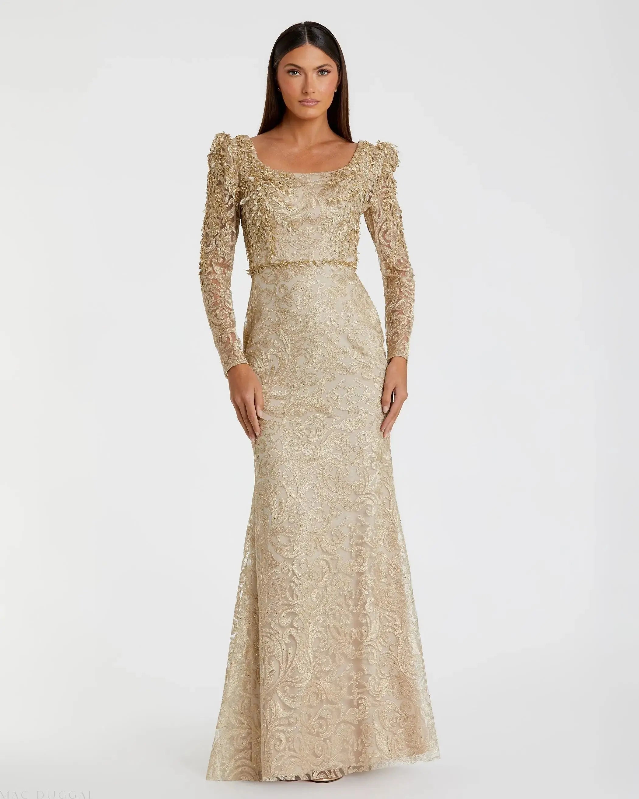 Gold Long Sleeve Embroidered Applique Trumpet Gown-Myartka