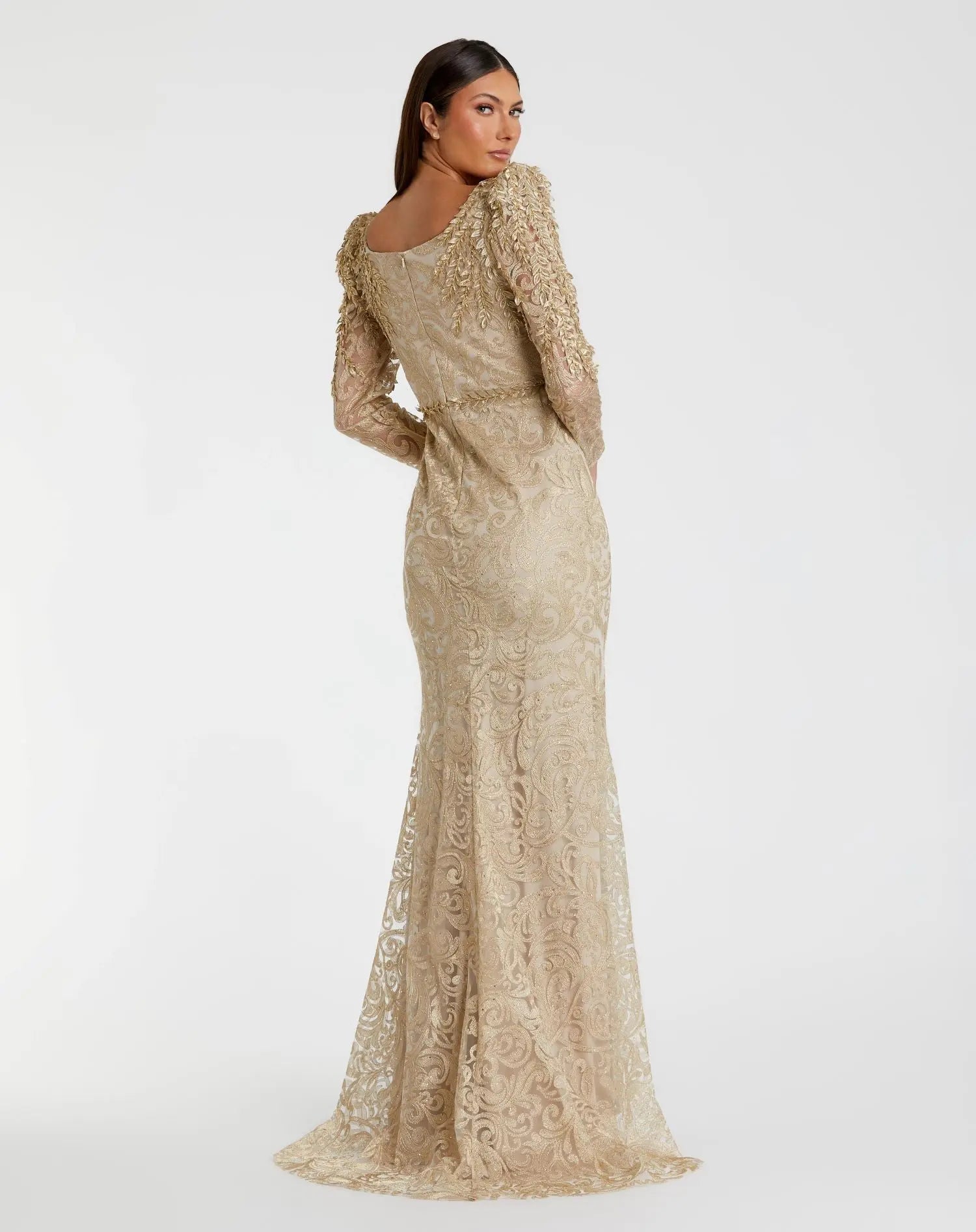 Gold Long Sleeve Embroidered Applique Trumpet Gown-Myartka