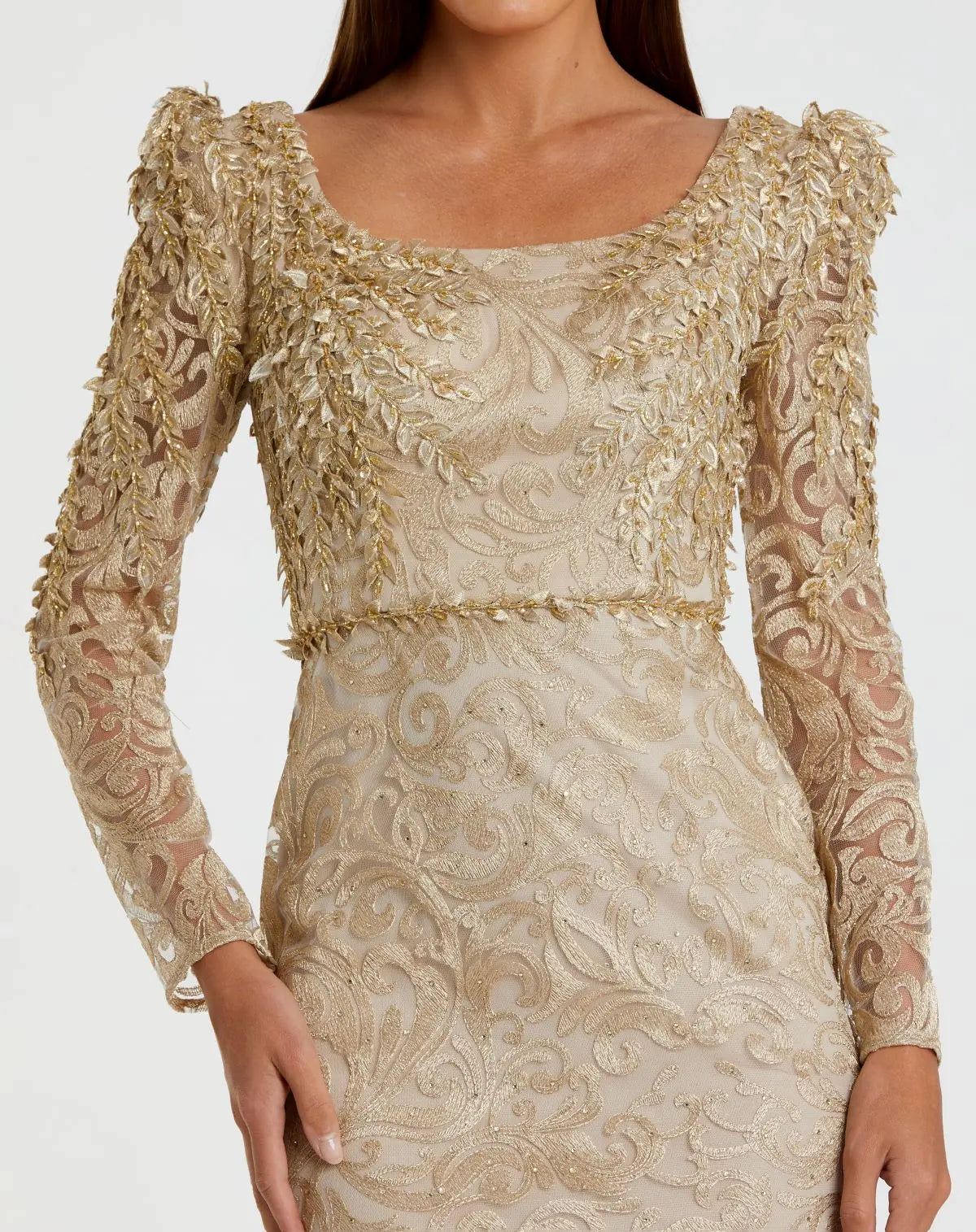 Gold Long Sleeve Embroidered Applique Trumpet Gown-Myartka